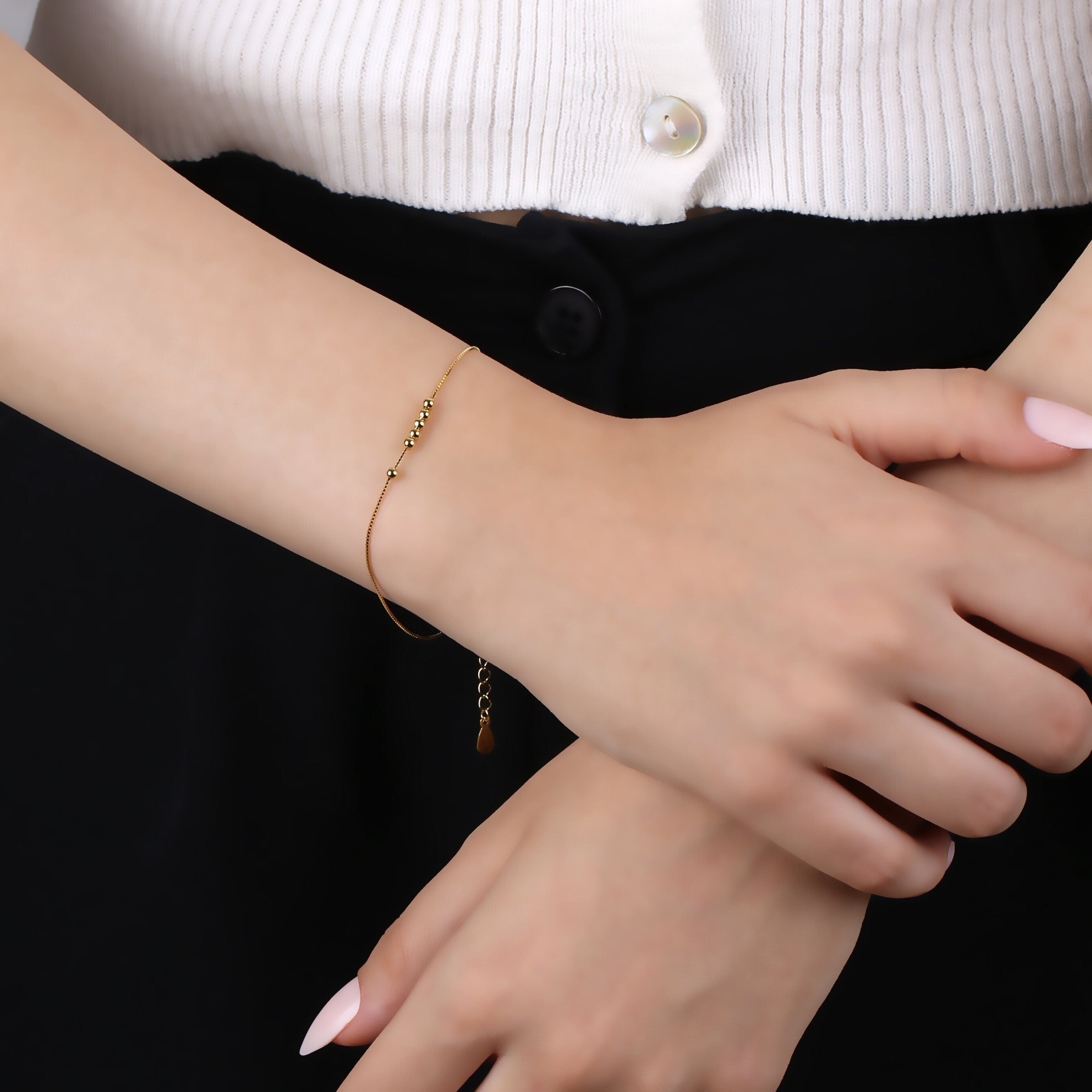 Dainty Gold Beaded Ball Satellite Chain Bracelet: 925