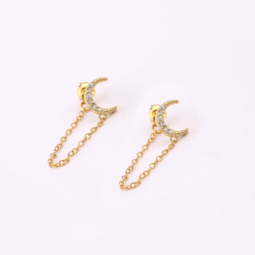 Crescent Moon Chain Stud Earrings