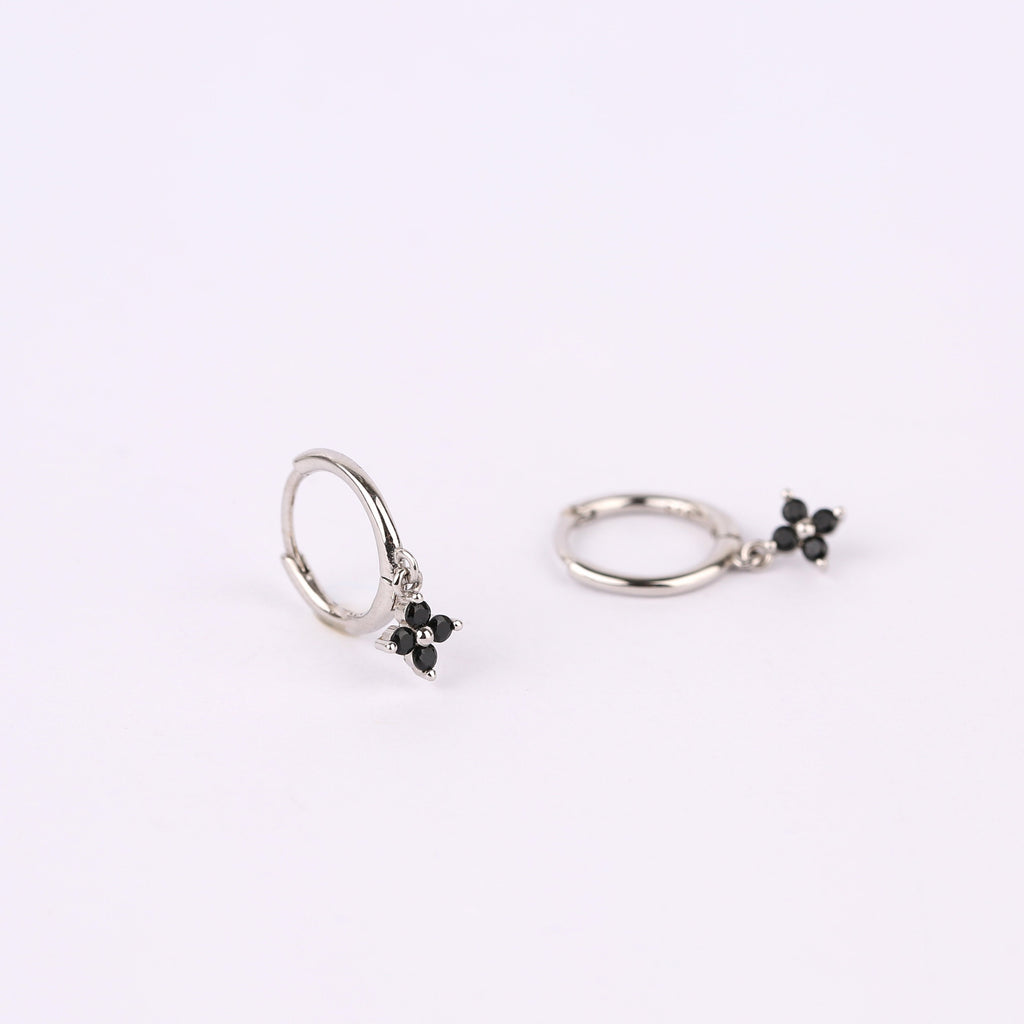 Dangle Black Flower Hoop Earrings in Sterling Silver