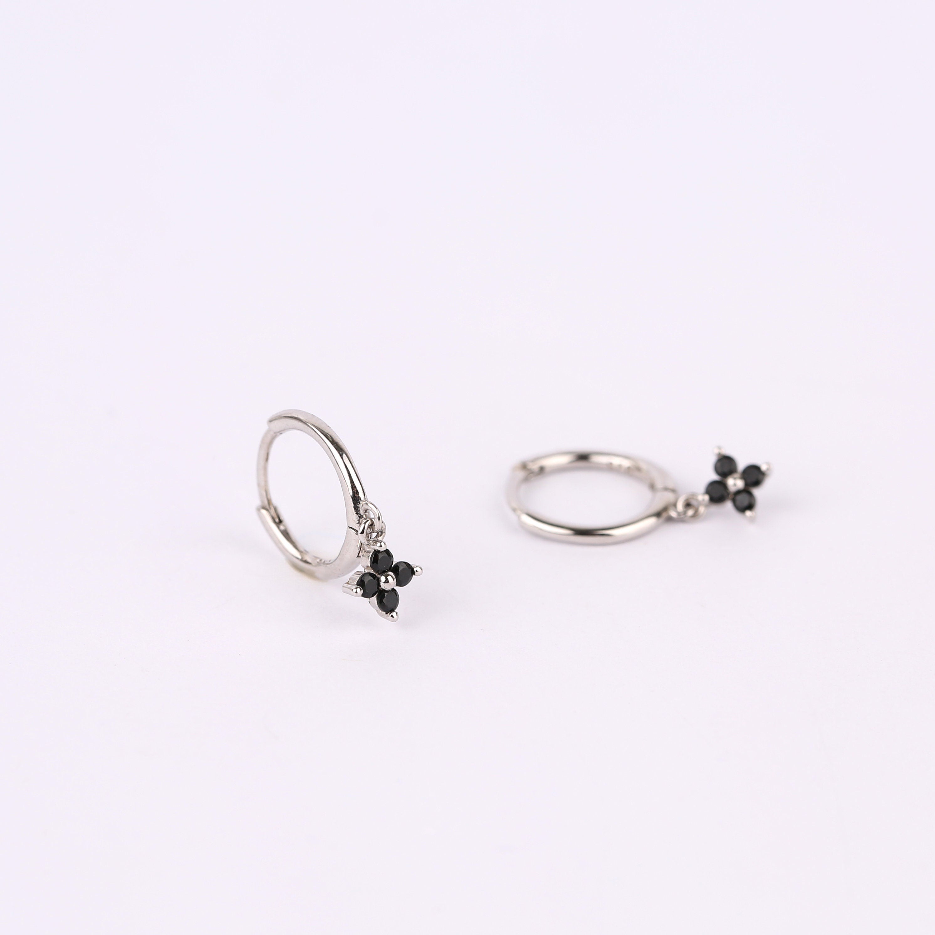 Dangle Black Flower Hoop Earrings in Sterling Silver