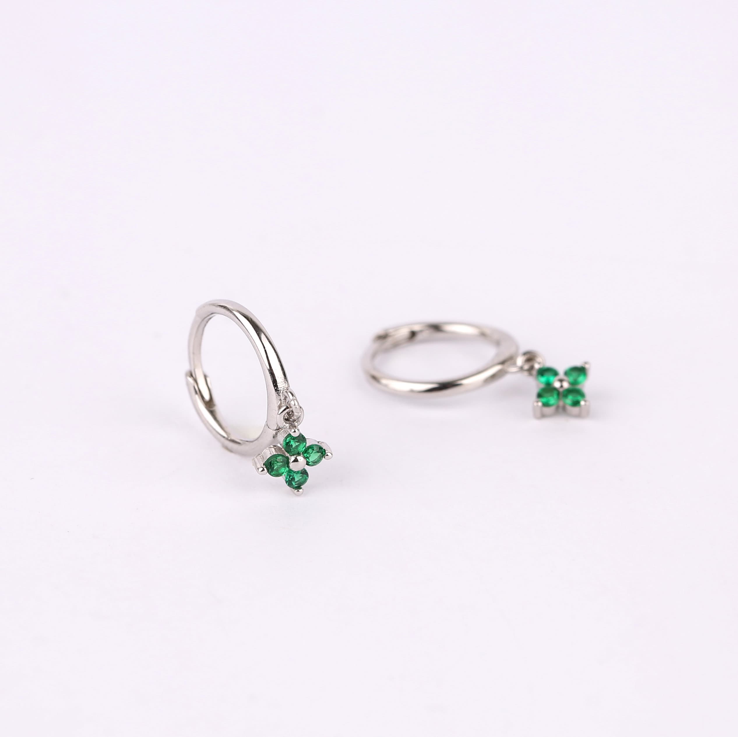 Emerald Flower Charm Dangle Hoop Earrings