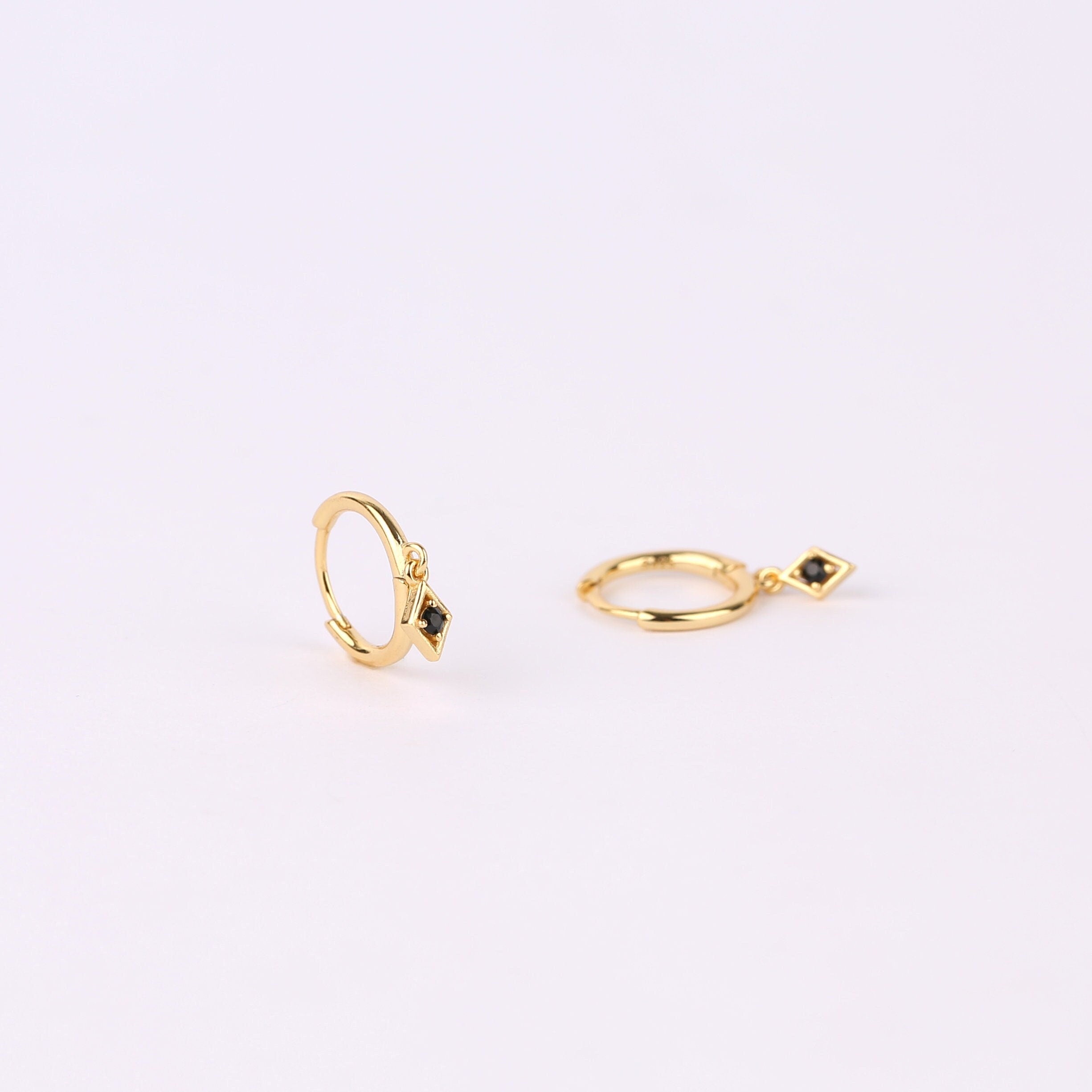 Tiny Black CZ Dangle Huggie Hoop Earrings