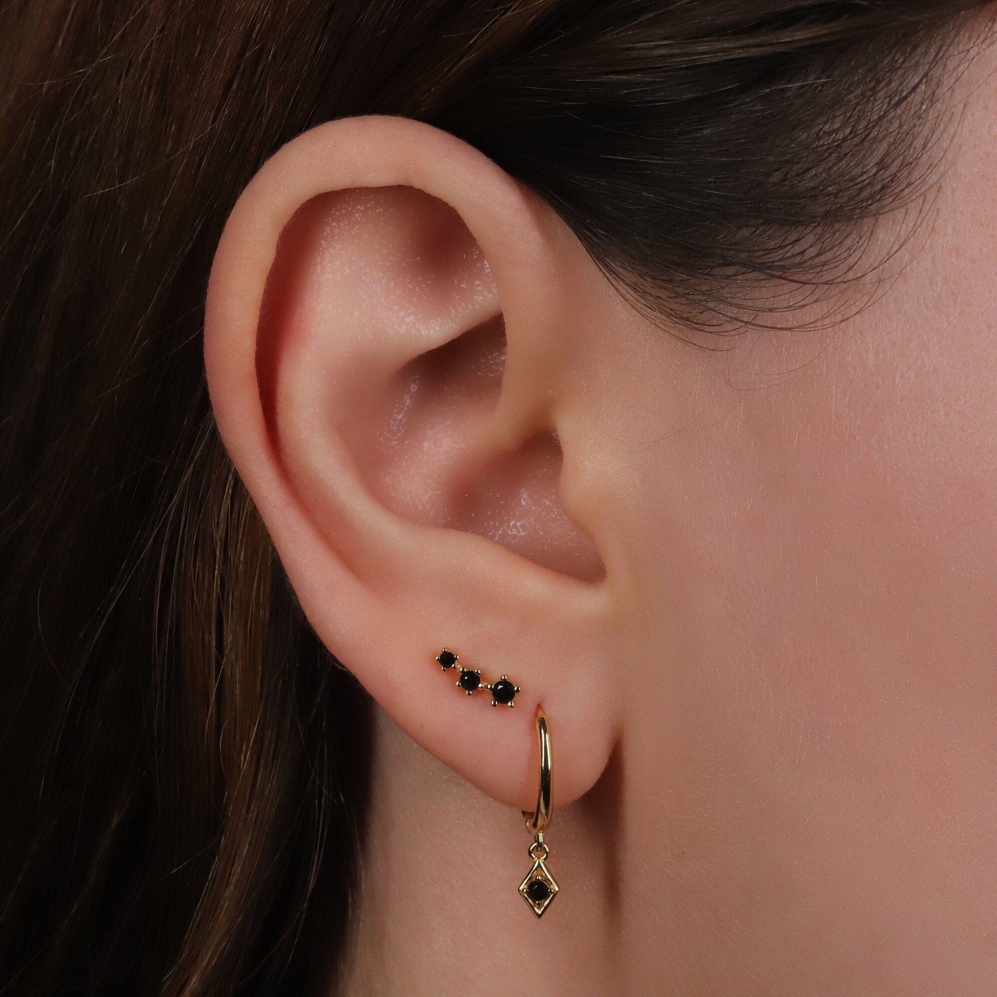 Tiny Black CZ Dangle Huggie Hoop Earrings
