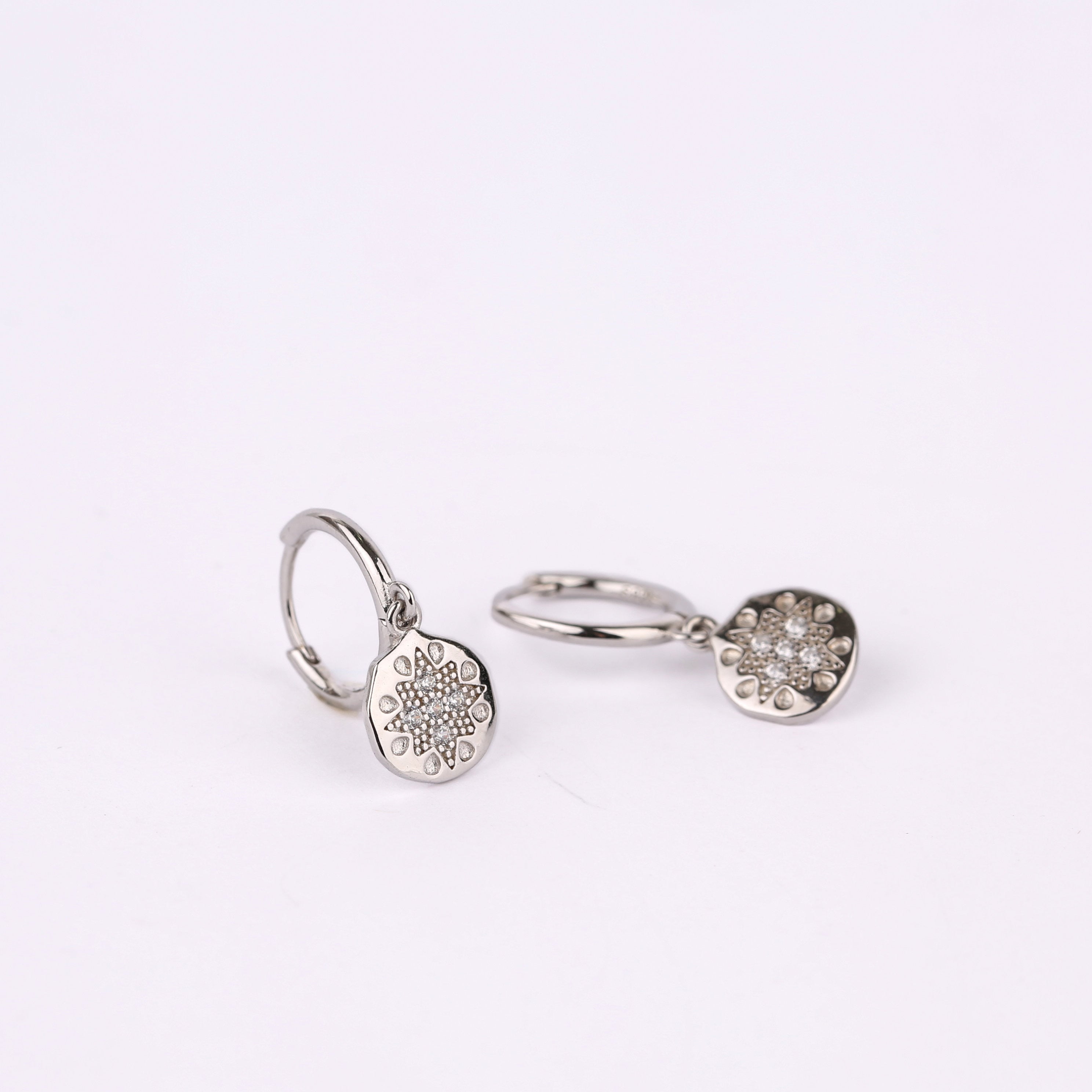 Starburst Disk Charm Dangle Hoop Earrings