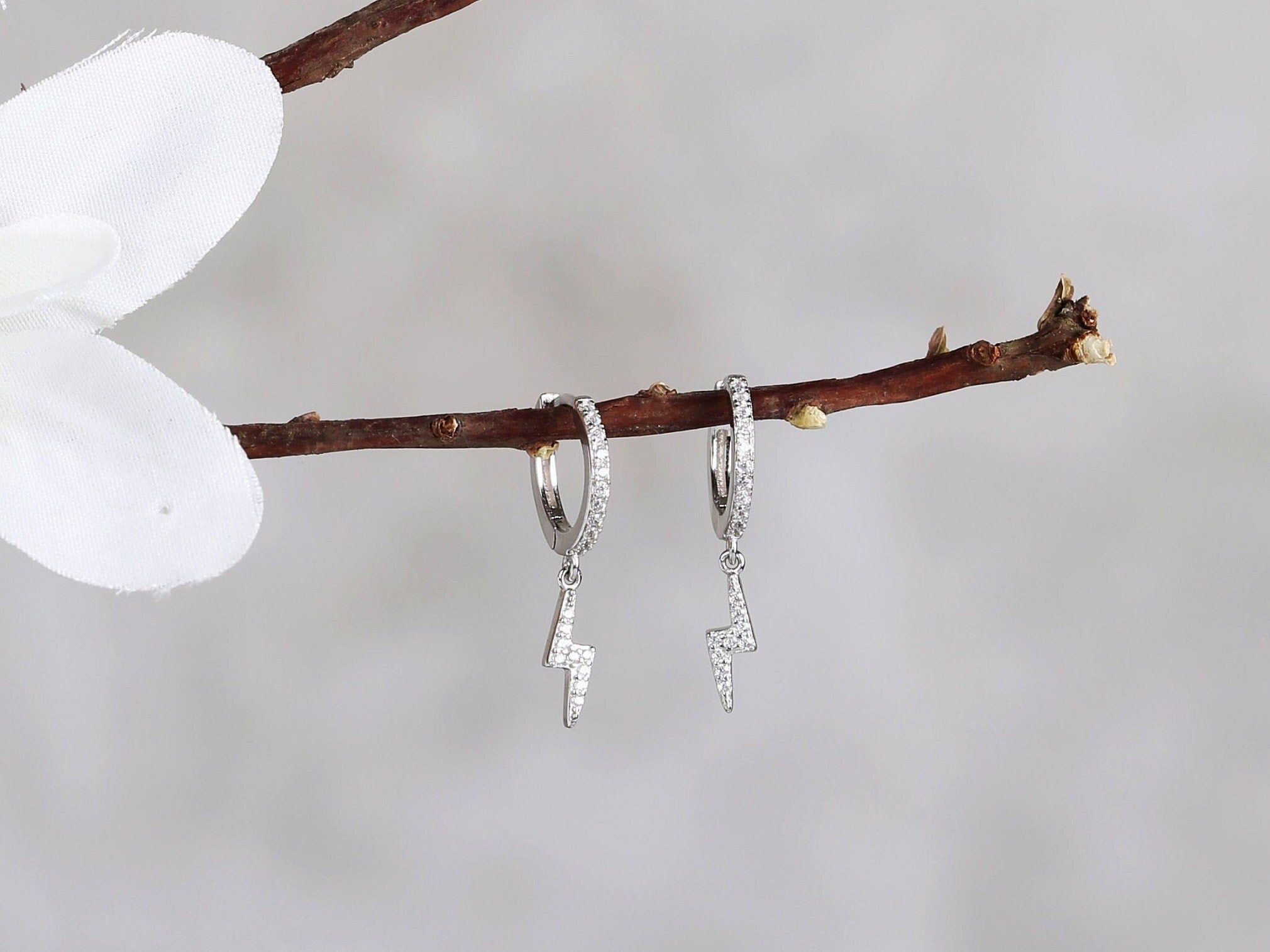 Lightning Bolt Huggie Drop Hoop Earrings