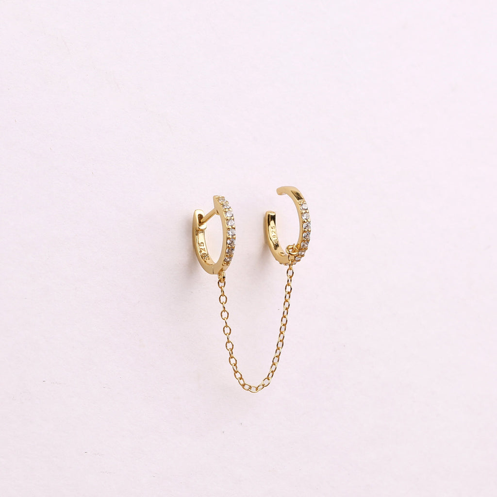 Gold Huggie and Cuff Diamond CZ Earring with Chain
