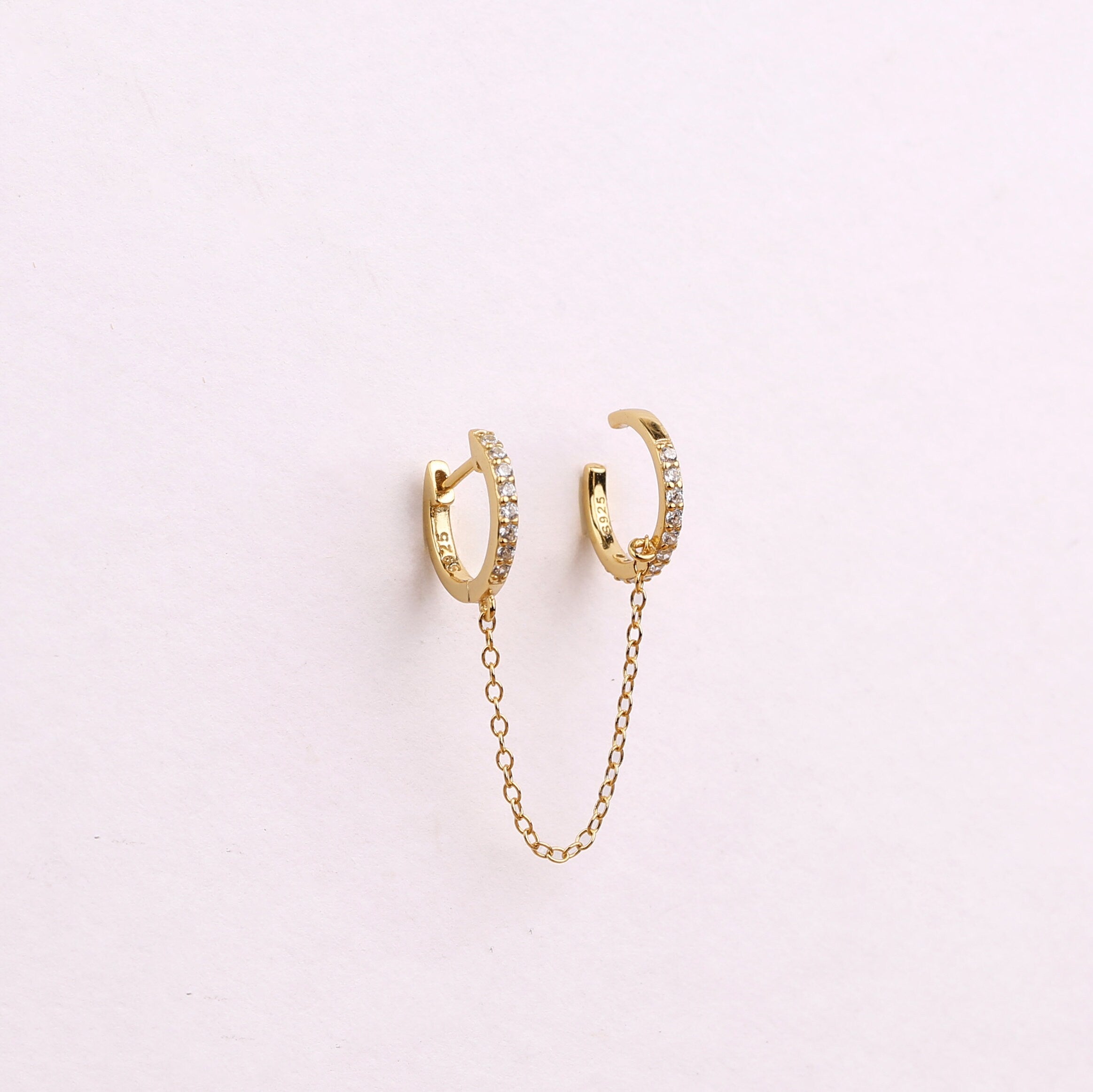 Gold Huggie and Cuff Diamond CZ Earring with Chain