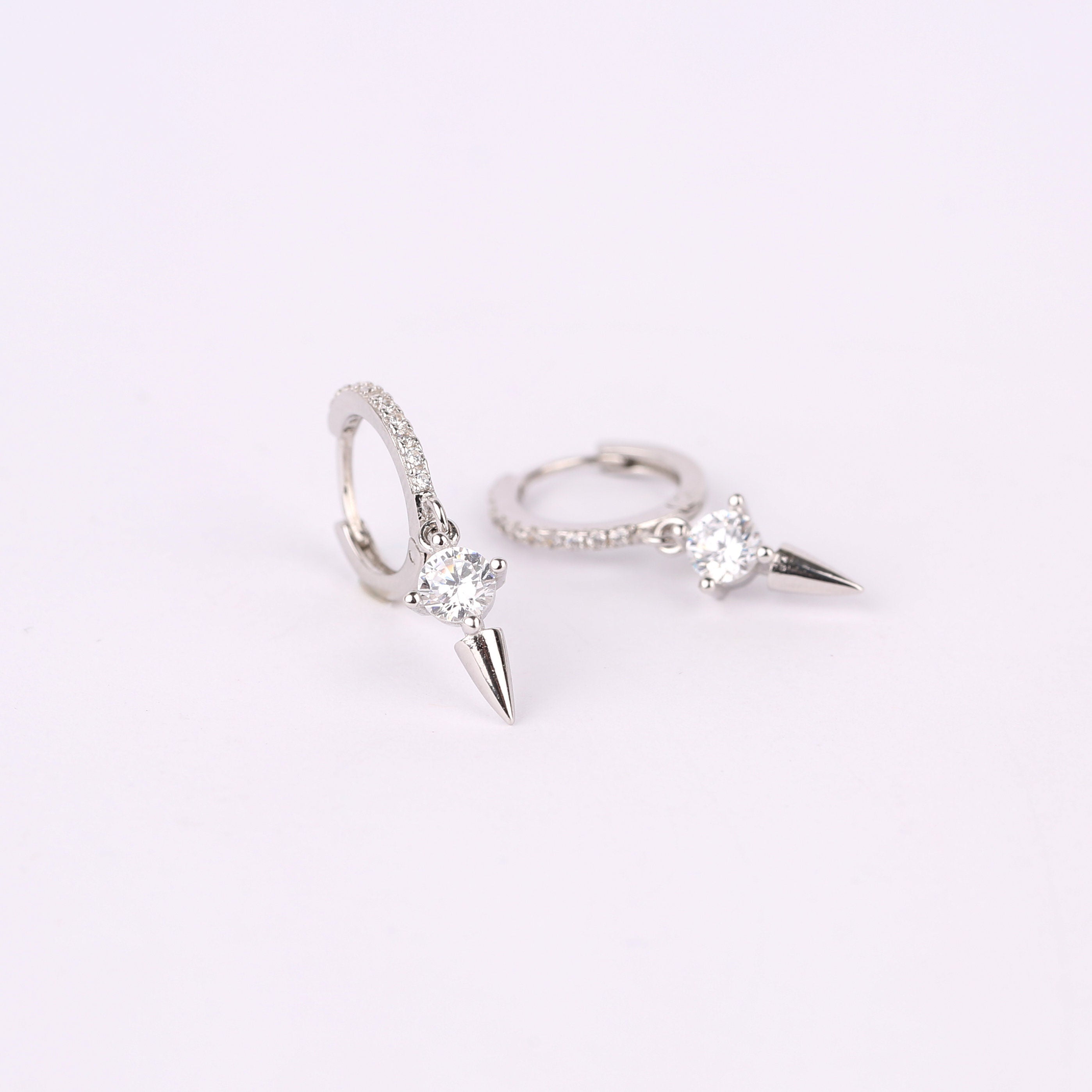 Gold CZ Spike Charm Dangle Hoop Earrings