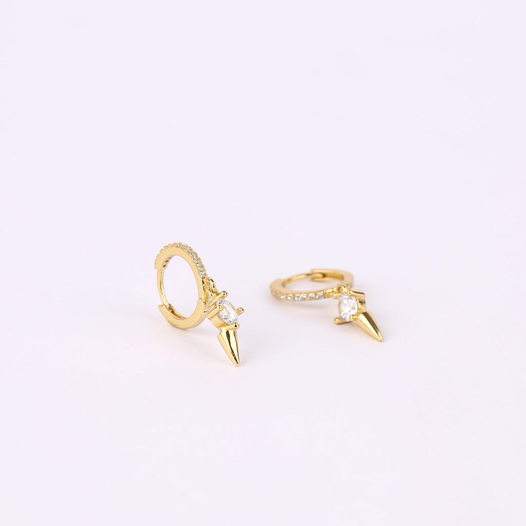 Gold CZ Spike Charm Dangle Hoop Earrings