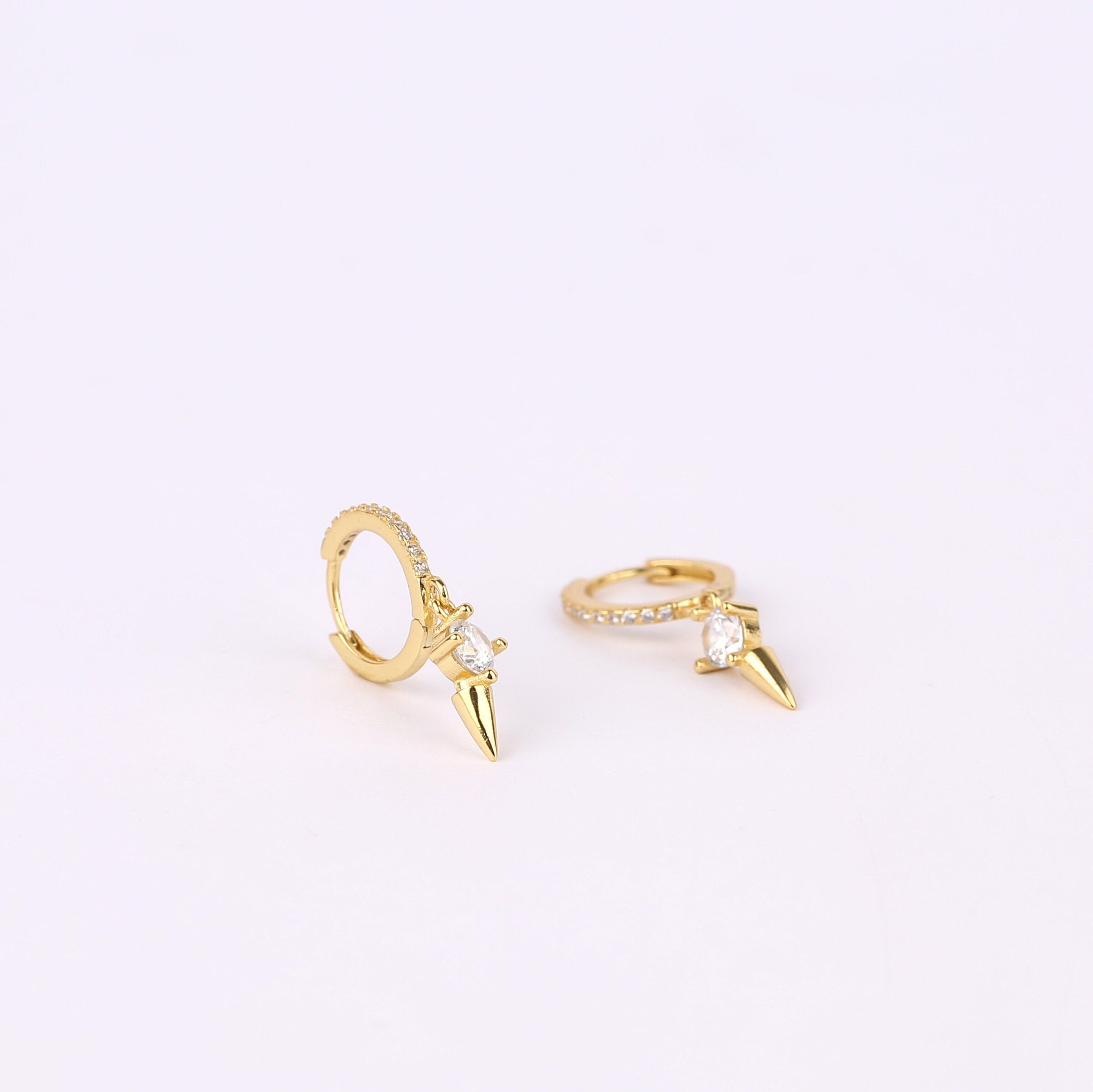 Gold CZ Spike Charm Dangle Hoop Earrings