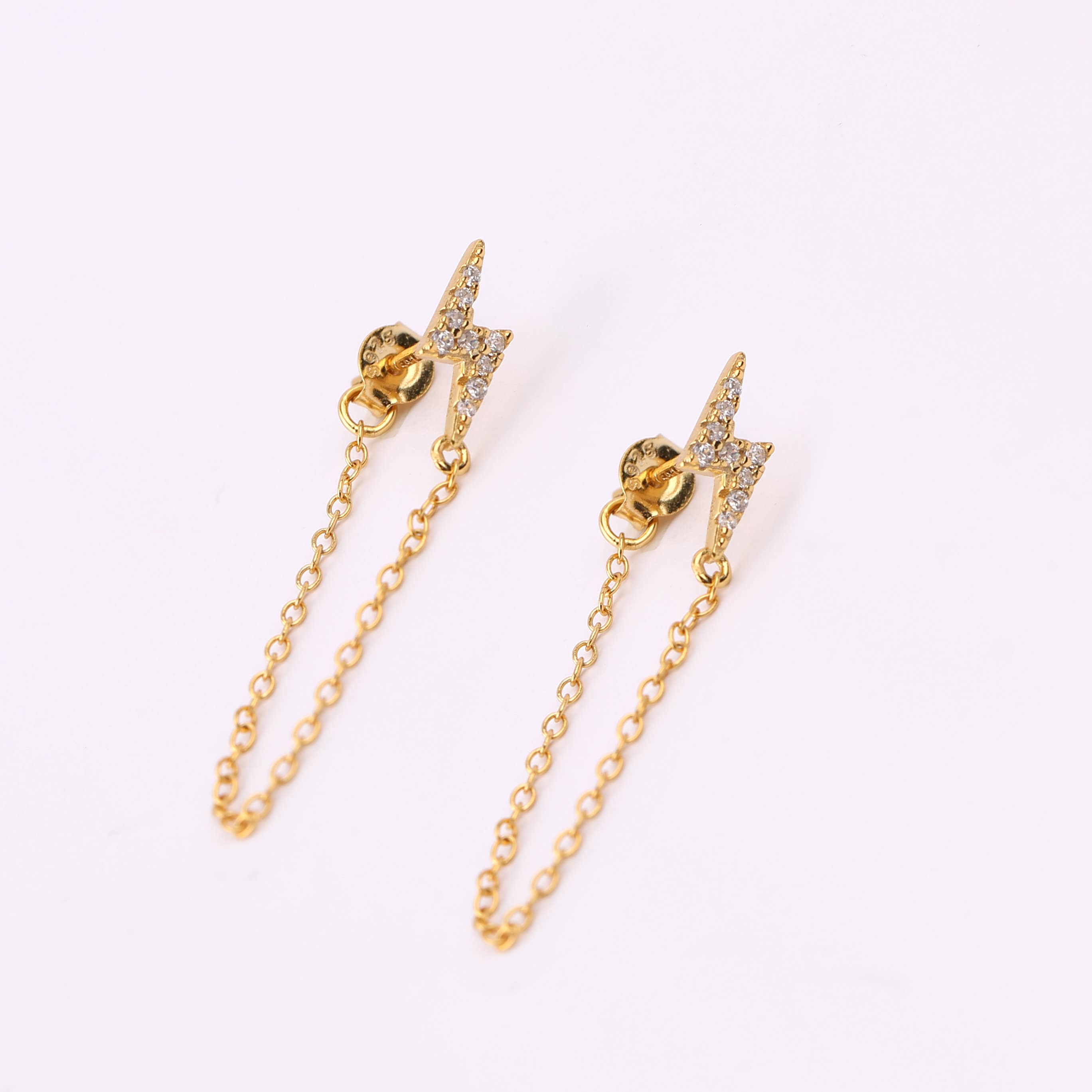 Pave Lightning Bolt Stud Earrings with Dangle Chain