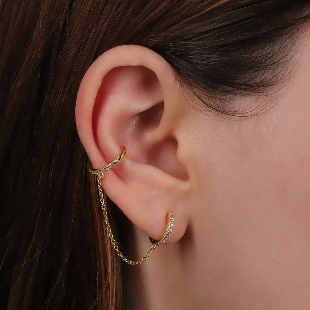 Gold Huggie and Cuff Diamond CZ Earring with Chain