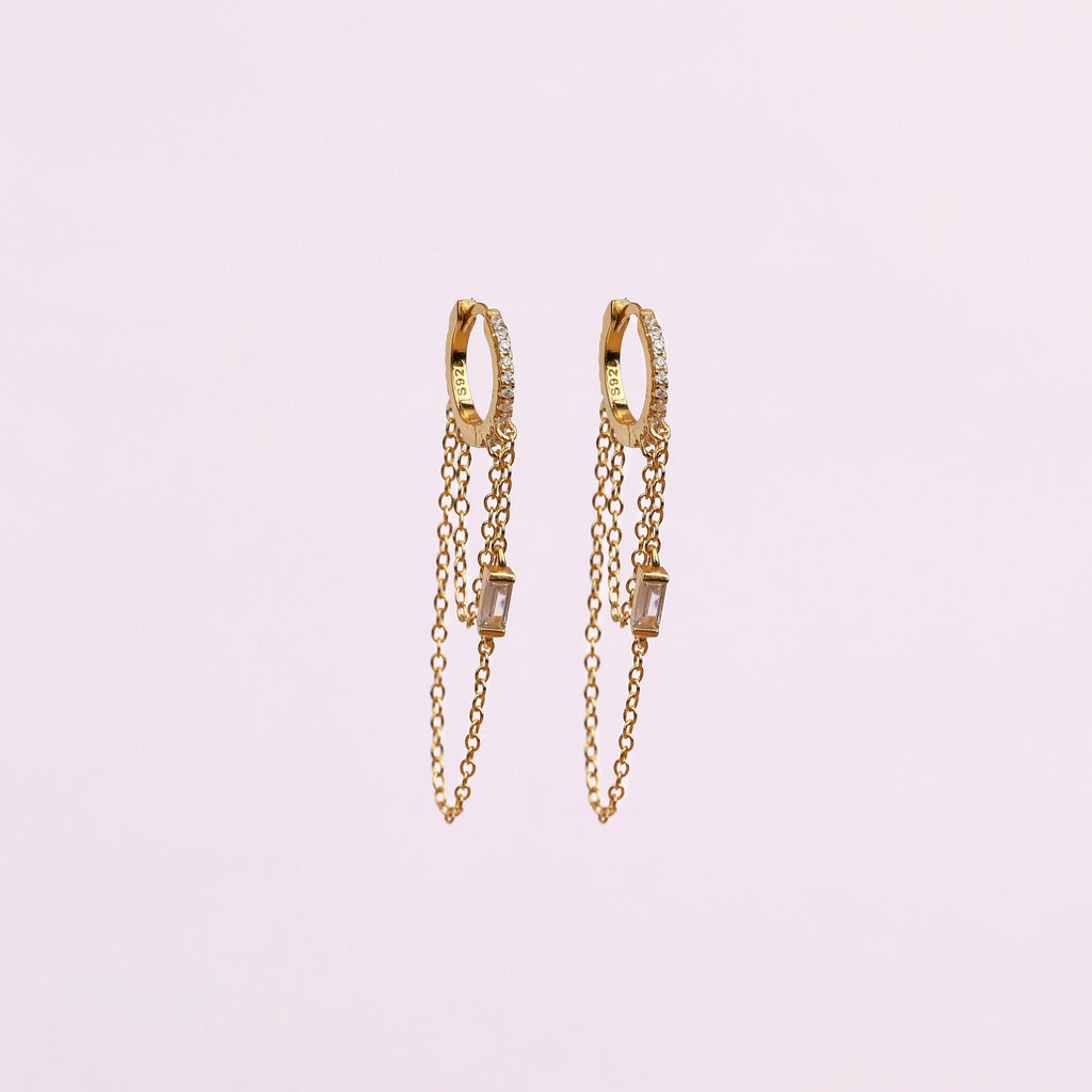 Sterling Silver Baguette CZ Huggie Drop Hoop Earrings with