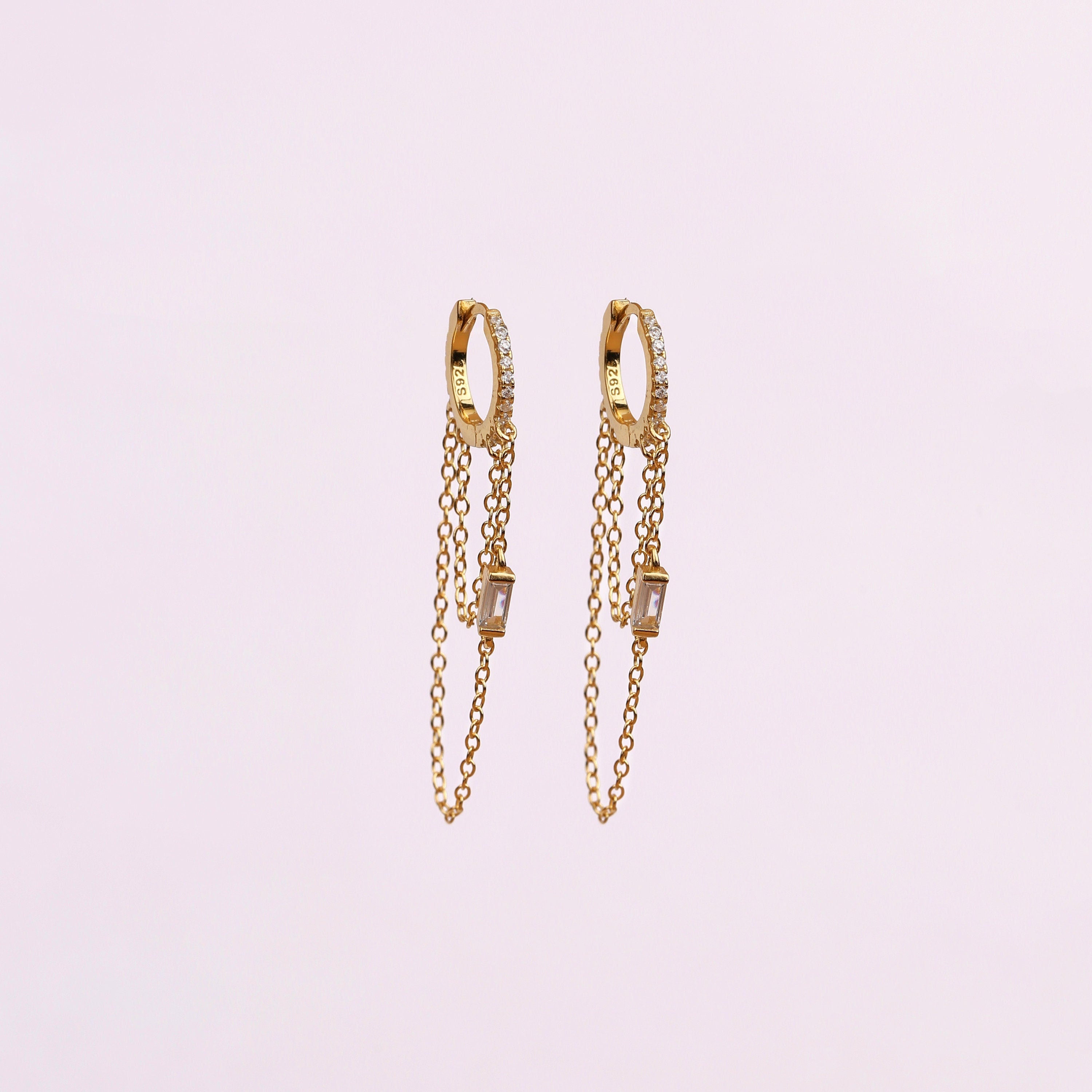 Sterling Silver Baguette CZ Huggie Drop Hoop Earrings with