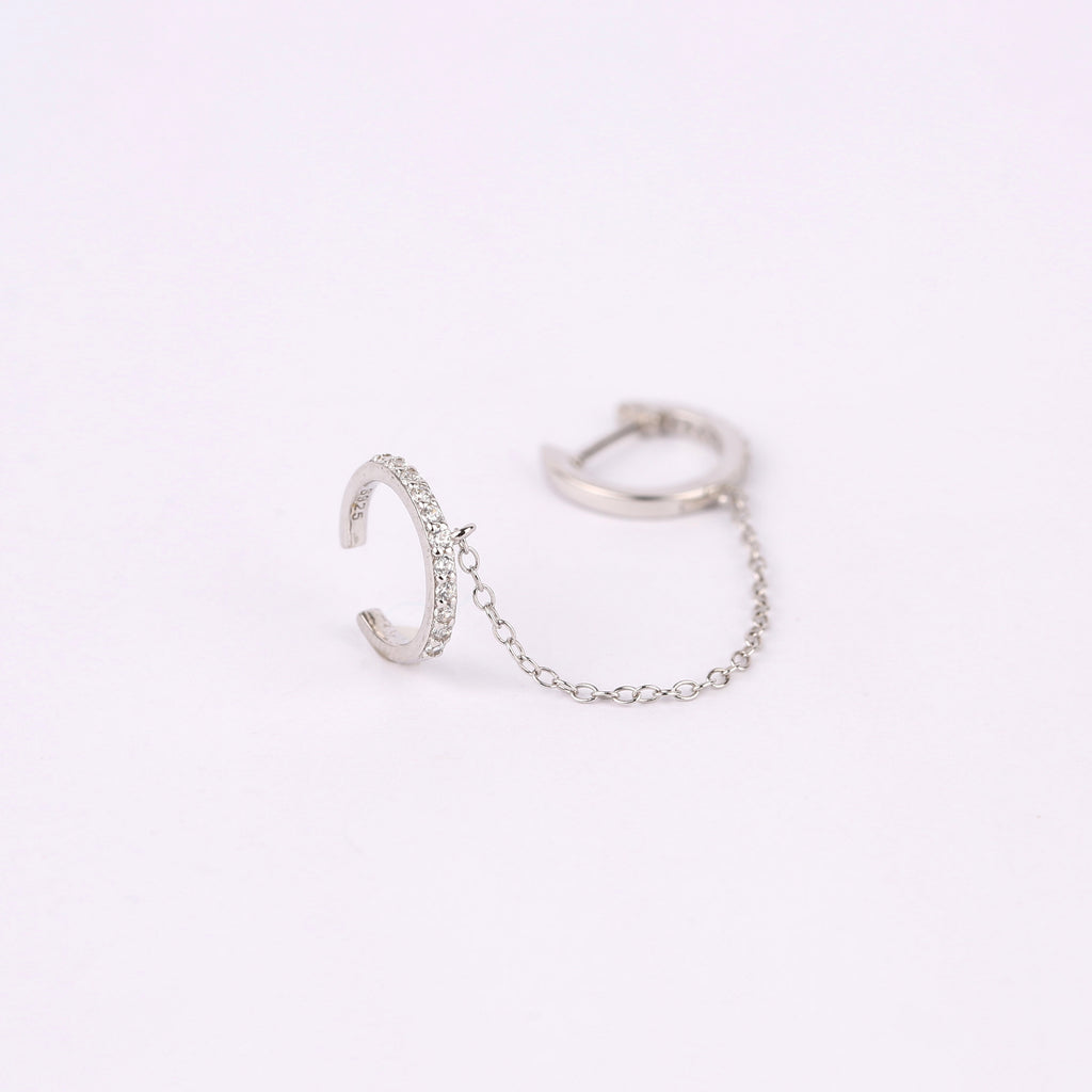 Gold Huggie and Cuff Diamond CZ Earring with Chain