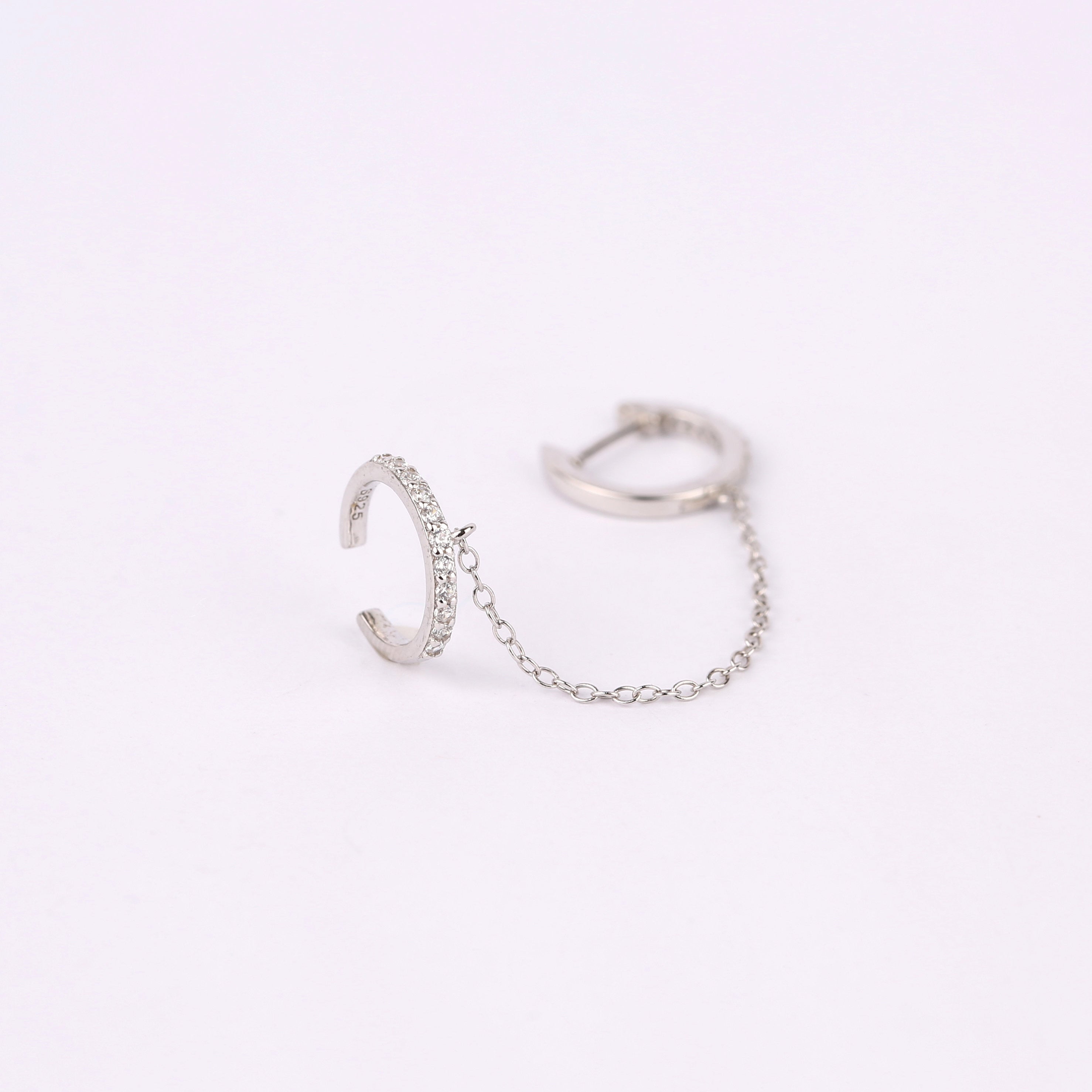 Gold Huggie and Cuff Diamond CZ Earring with Chain