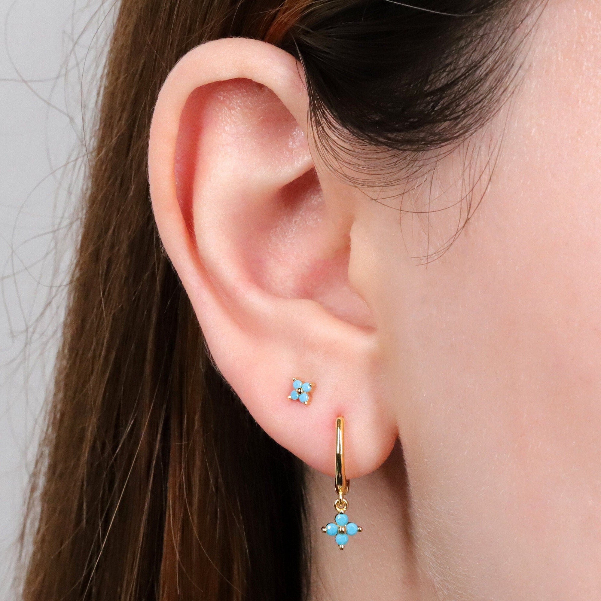 Turquoise Flower Dangle Hoop Earrings