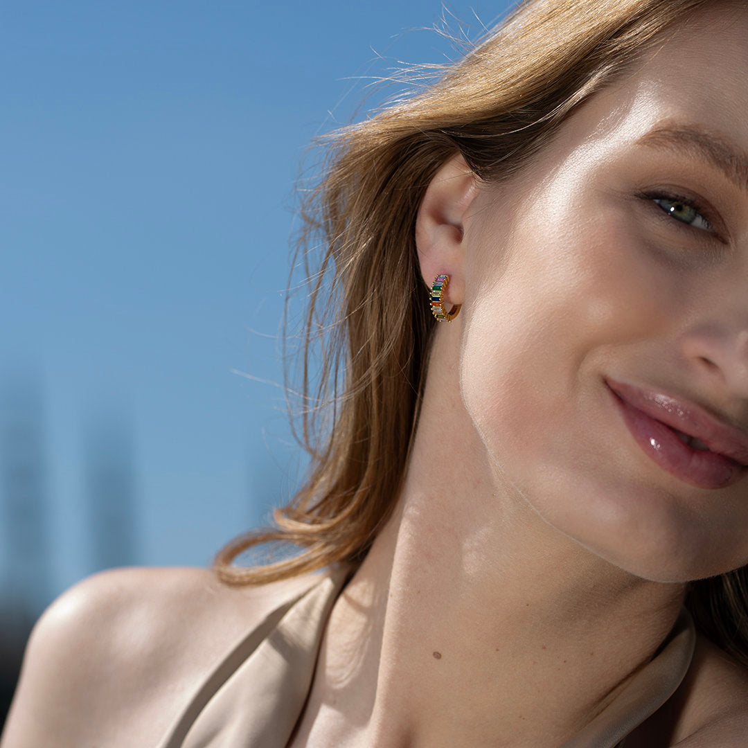 Rainbow CZ Huggie Hoop Earrings