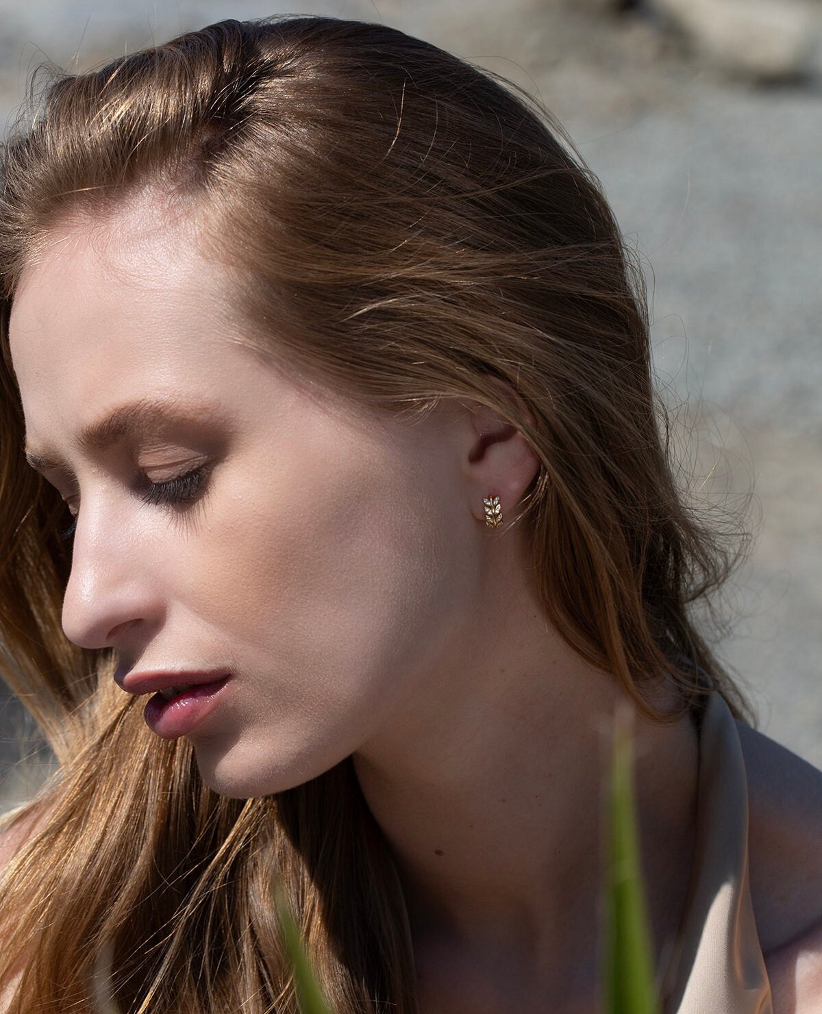 Emerald Green CZ Olive Leaf Huggie Hoop Earrings