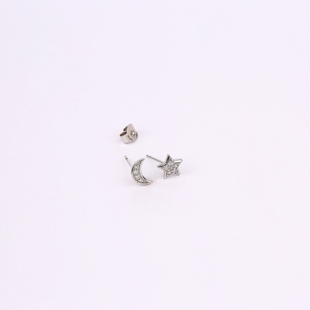Mismatched Tiny Moon and Star Stud Earrings