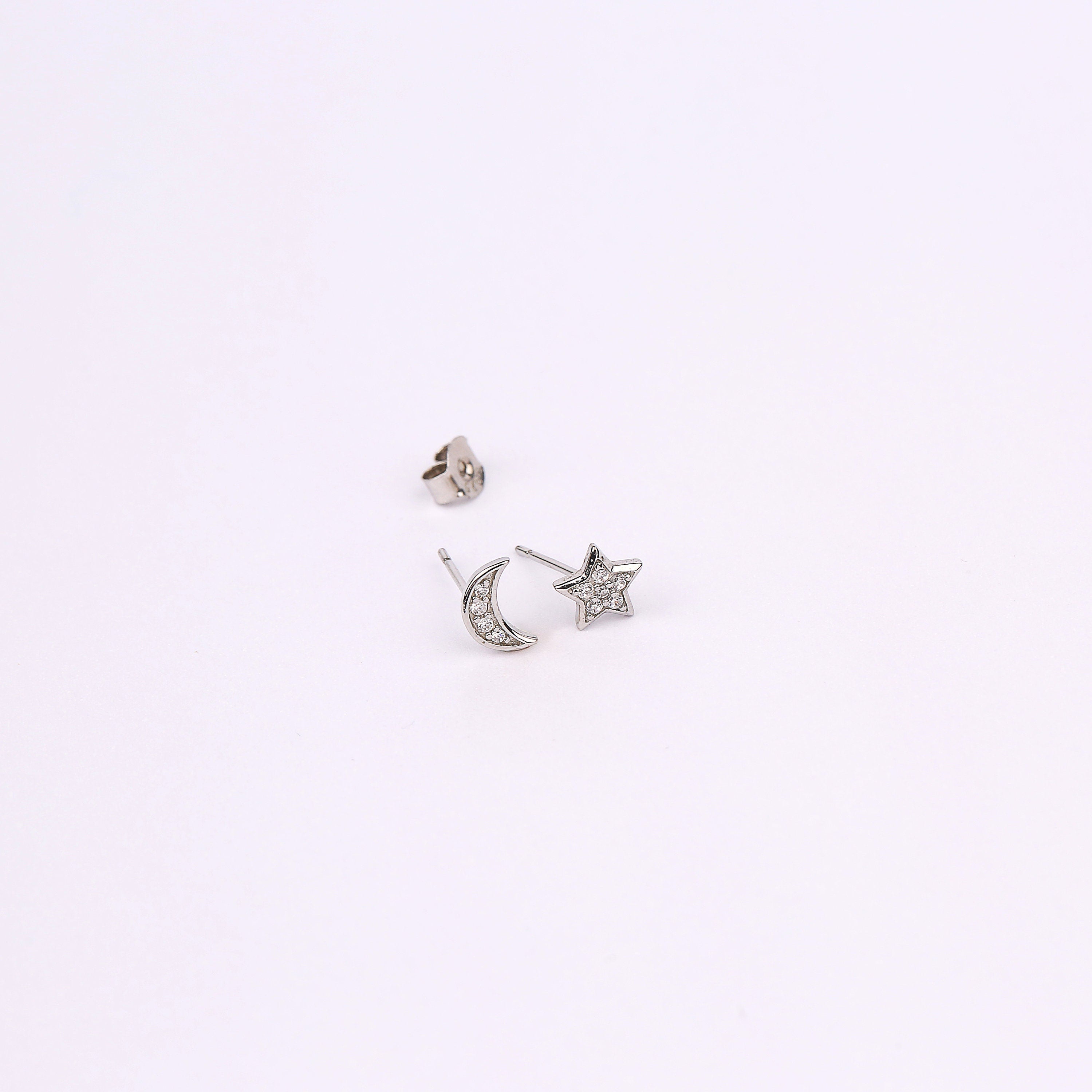 Mismatched Tiny Moon and Star Stud Earrings