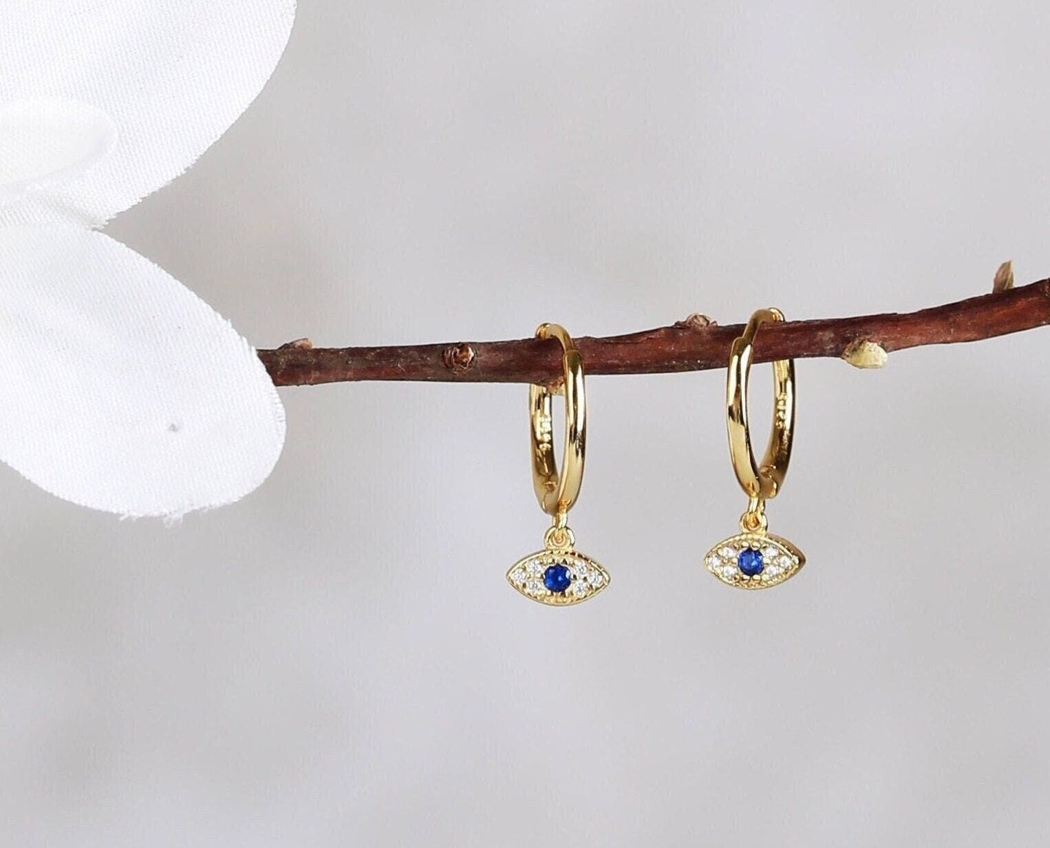Tiny Evil Eye Charm Huggie Drop Hoop Earrings