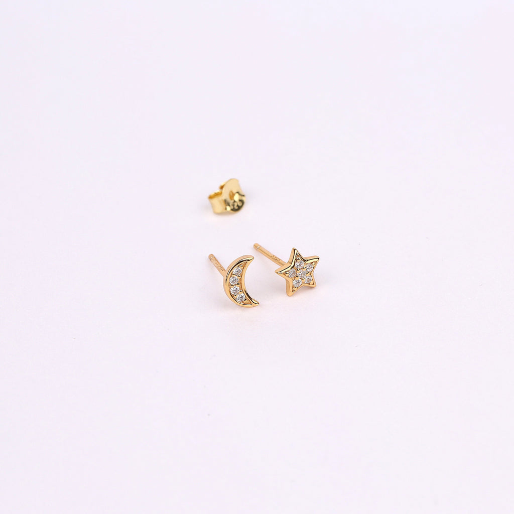 Mismatched Tiny Moon and Star Stud Earrings