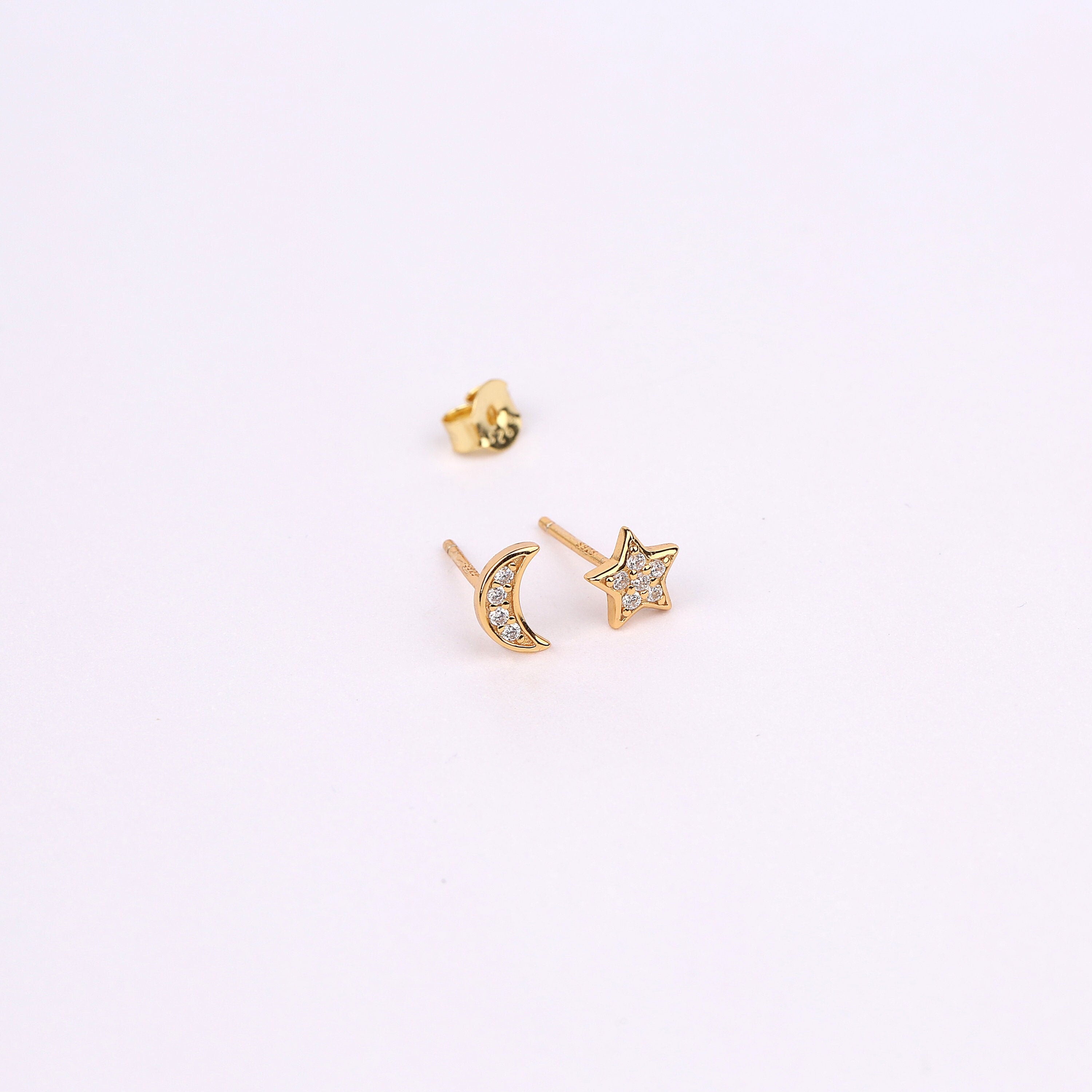 Mismatched Tiny Moon and Star Stud Earrings