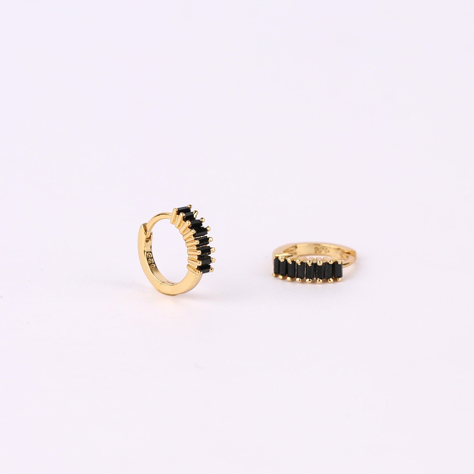 Sterling Silver Black Stone Baguette Huggie Hoop Earrings