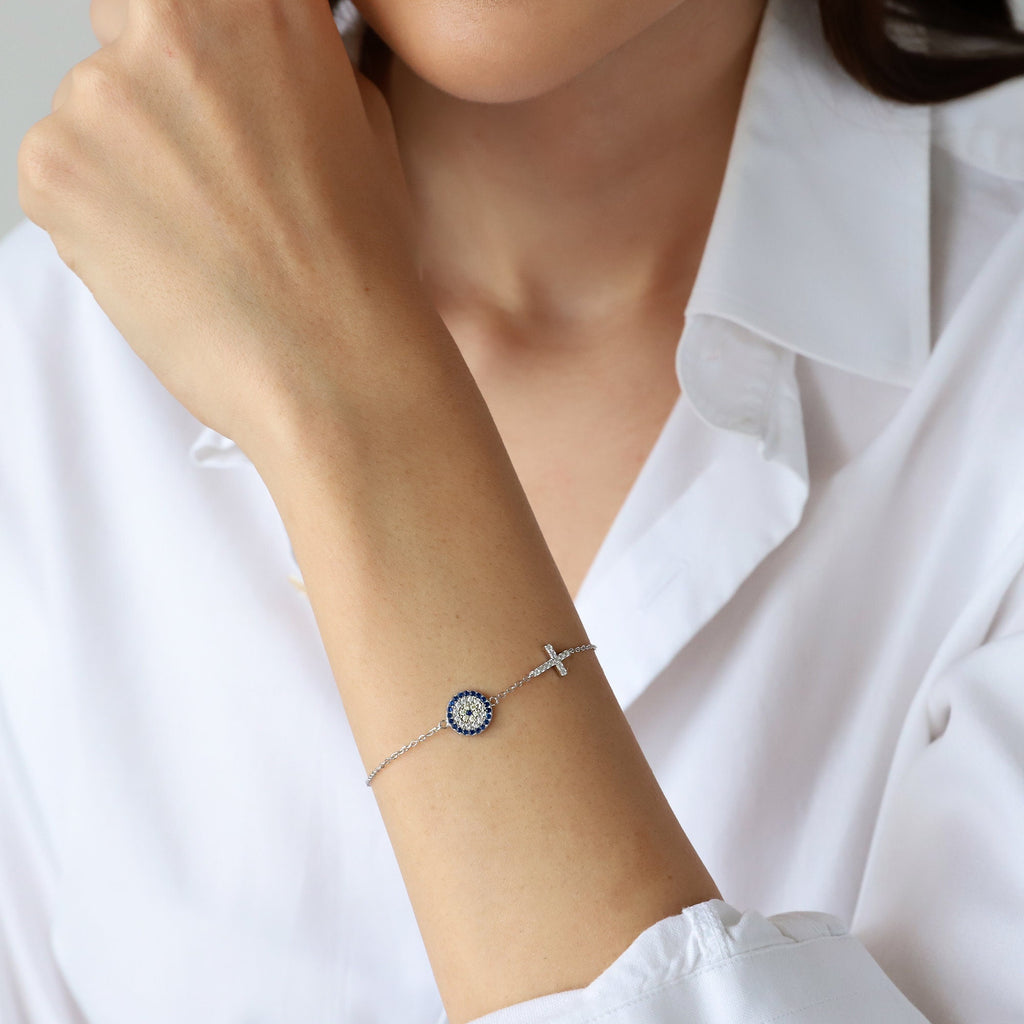 Gold Cross & Evil Eye Bracelet