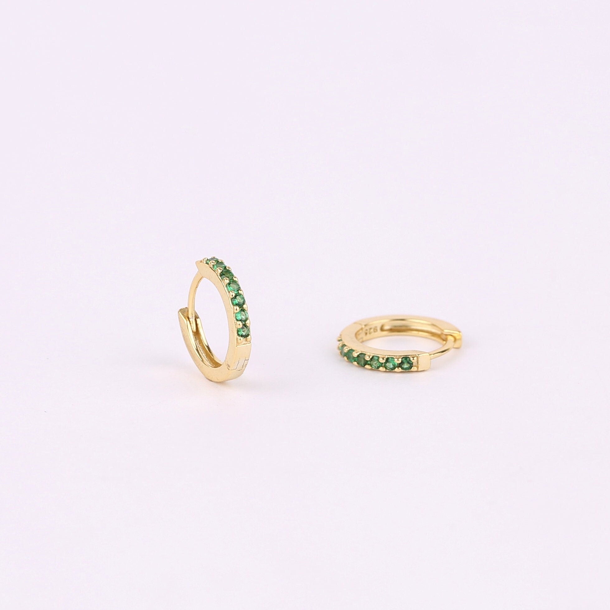 Tiny Emerald CZ Huggie Hoop Earrings