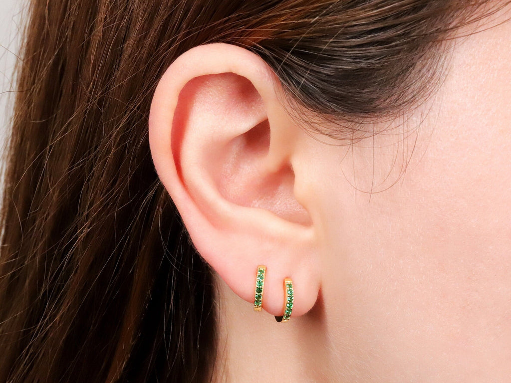 Tiny Emerald CZ Huggie Hoop Earrings