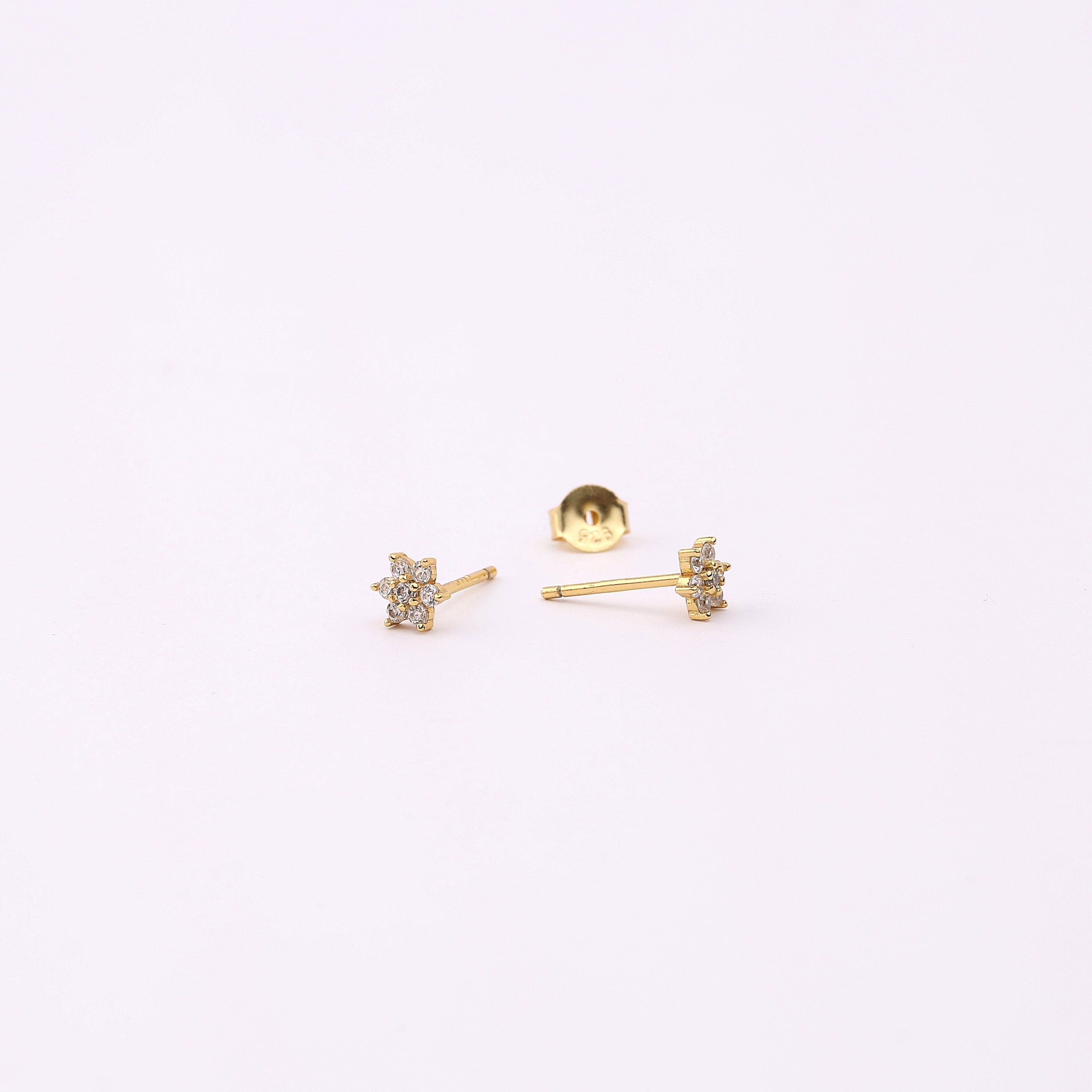 Gold Flower Stud Earrings CZ
