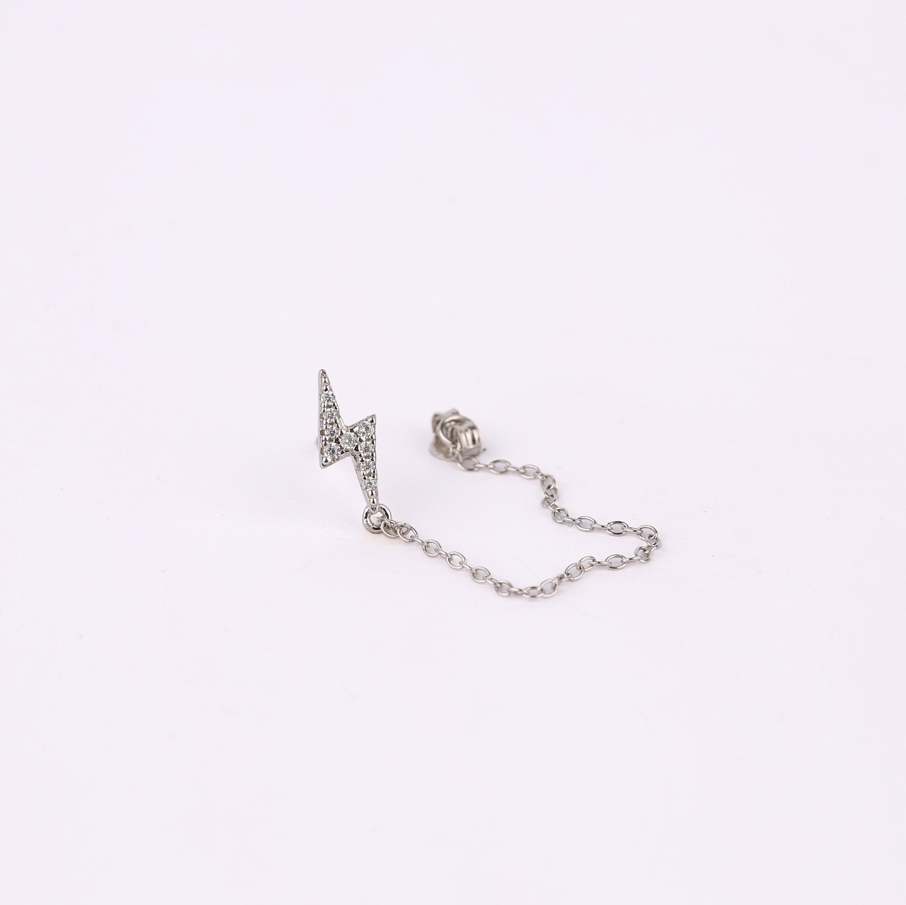 Pave Lightning Bolt Stud Earrings with Dangle Chain