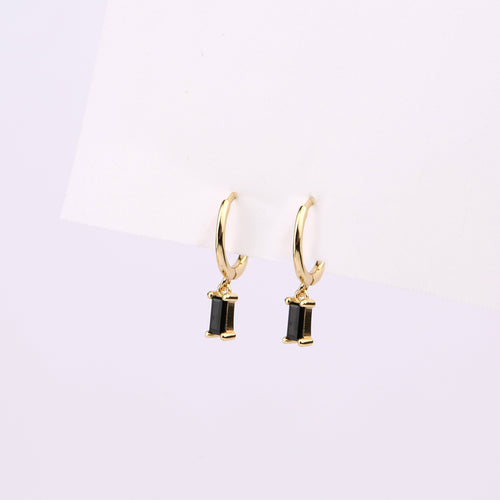 Black Baguette Charm Huggie Hoop Earrings Set