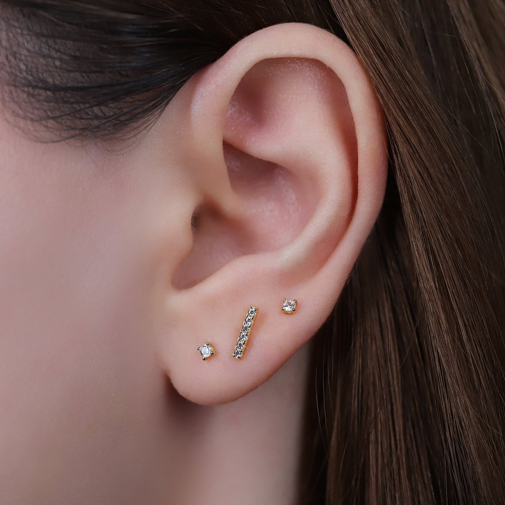 Gold CZ Bar Stud Earrings
