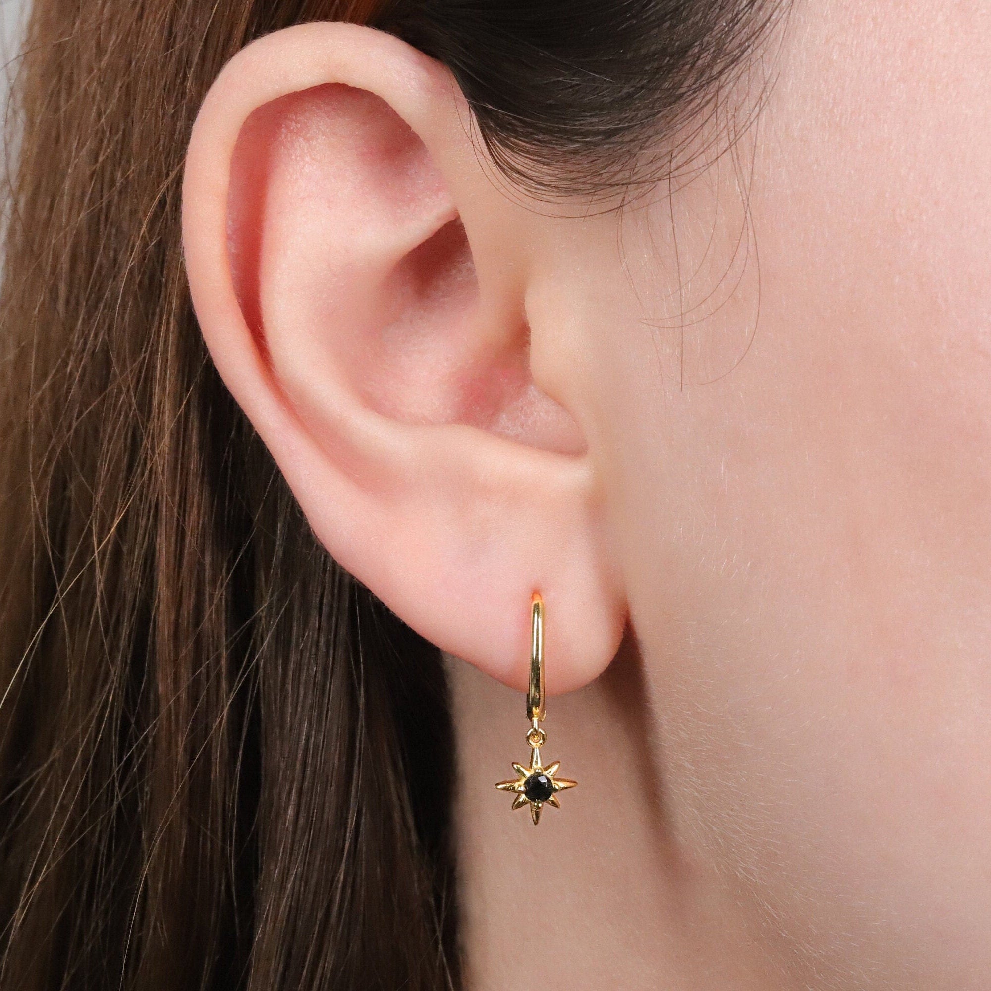 Black Star Charm Huggie Drop Hoop Earrings