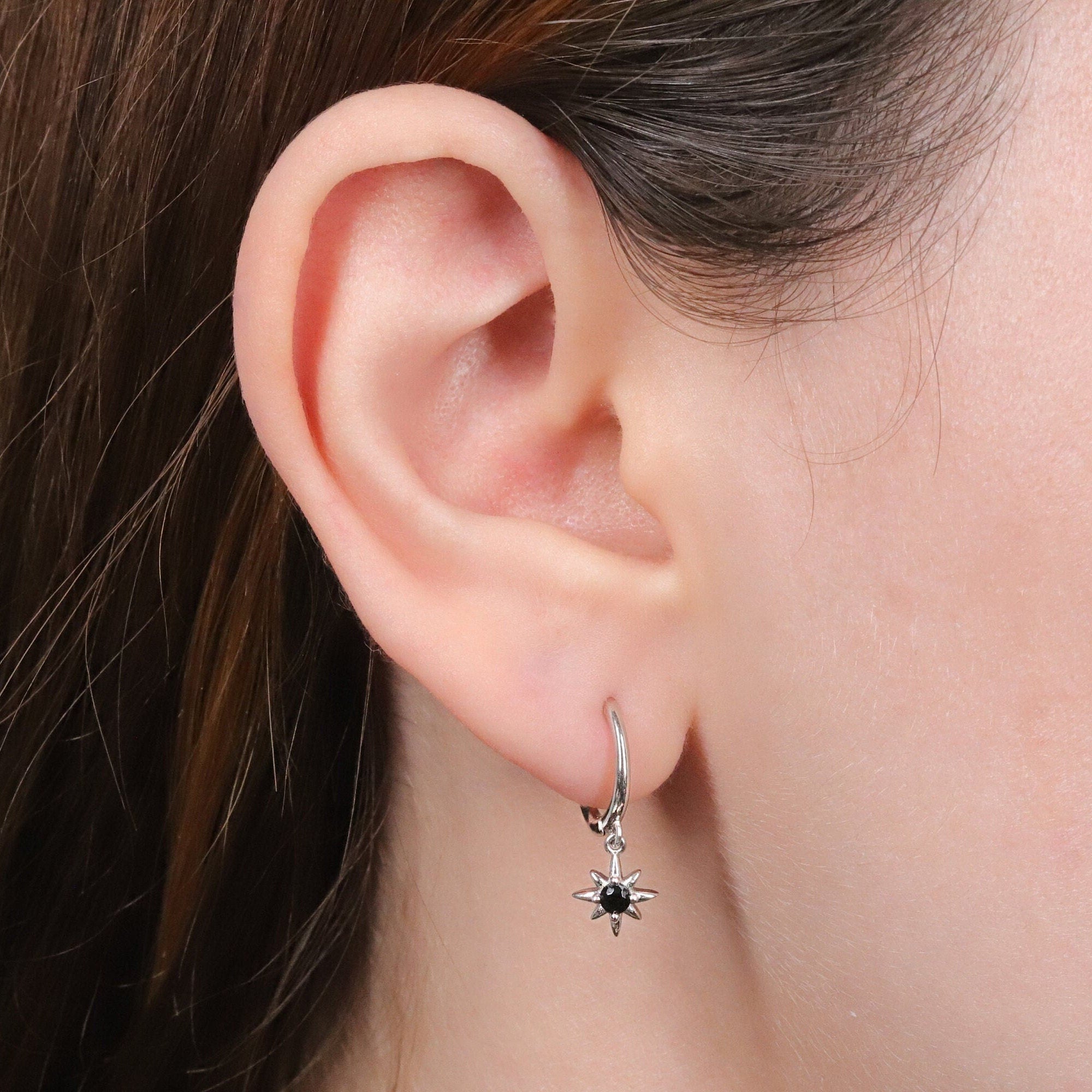 Black Star Charm Huggie Drop Hoop Earrings