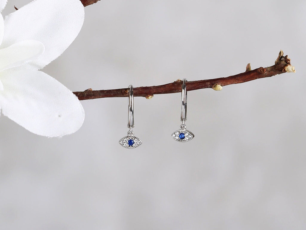 Tiny Evil Eye Charm Huggie Drop Hoop Earrings