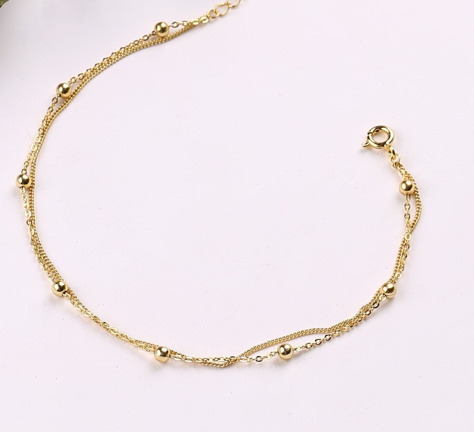 Gold Satellite Chain Anklet: Sterling Silver Double Layered