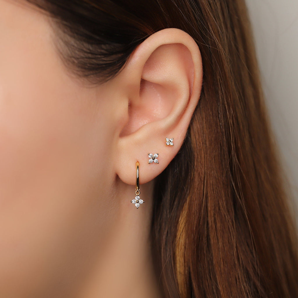 Tiny Sterling Silver Dangle Flower Charm Hoop Earrings