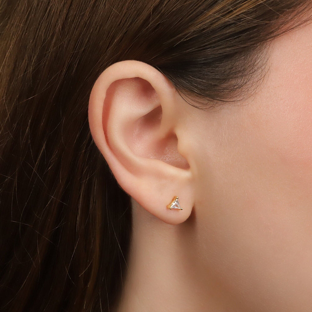 Gold Triangle Shape CZ Stud Earrings