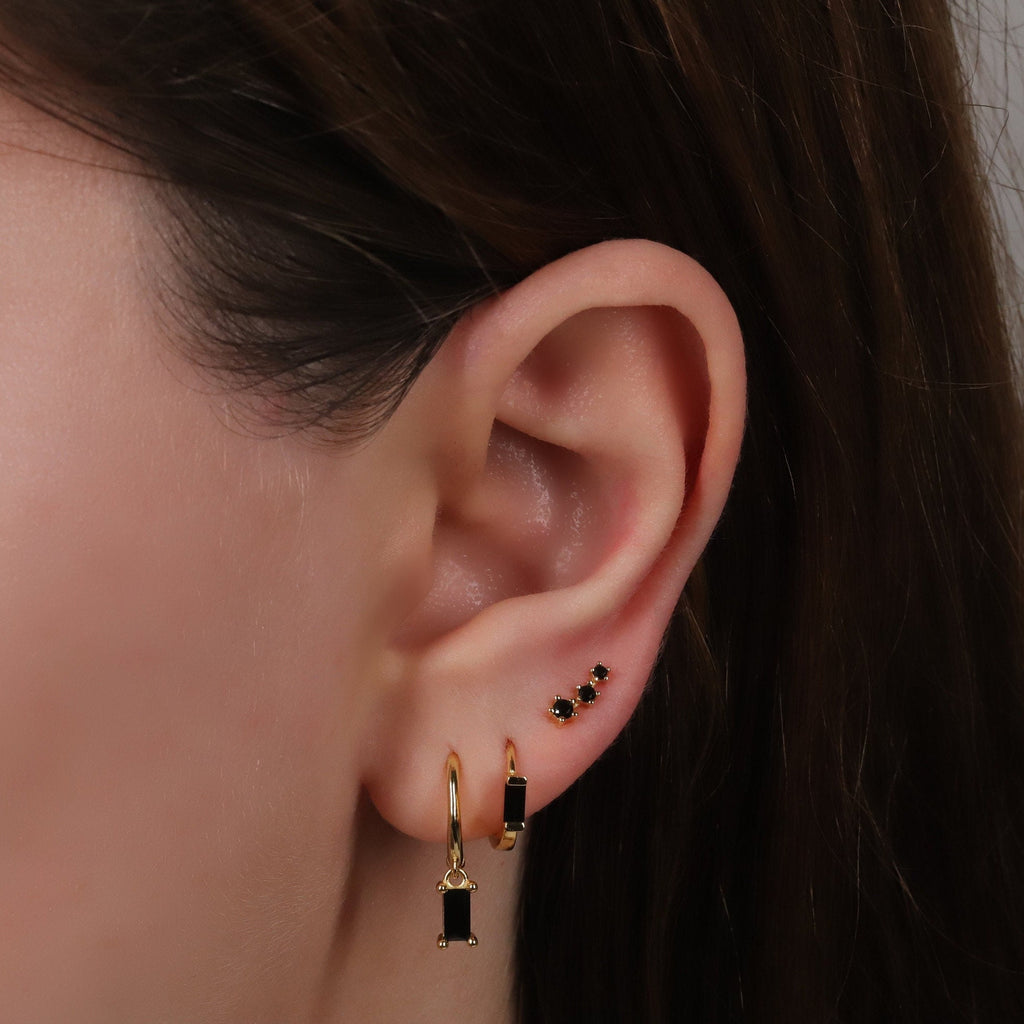 Black Baguette Charm Huggie Hoop Earrings Set
