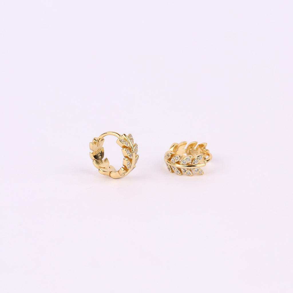 Emerald Green CZ Olive Leaf Huggie Hoop Earrings