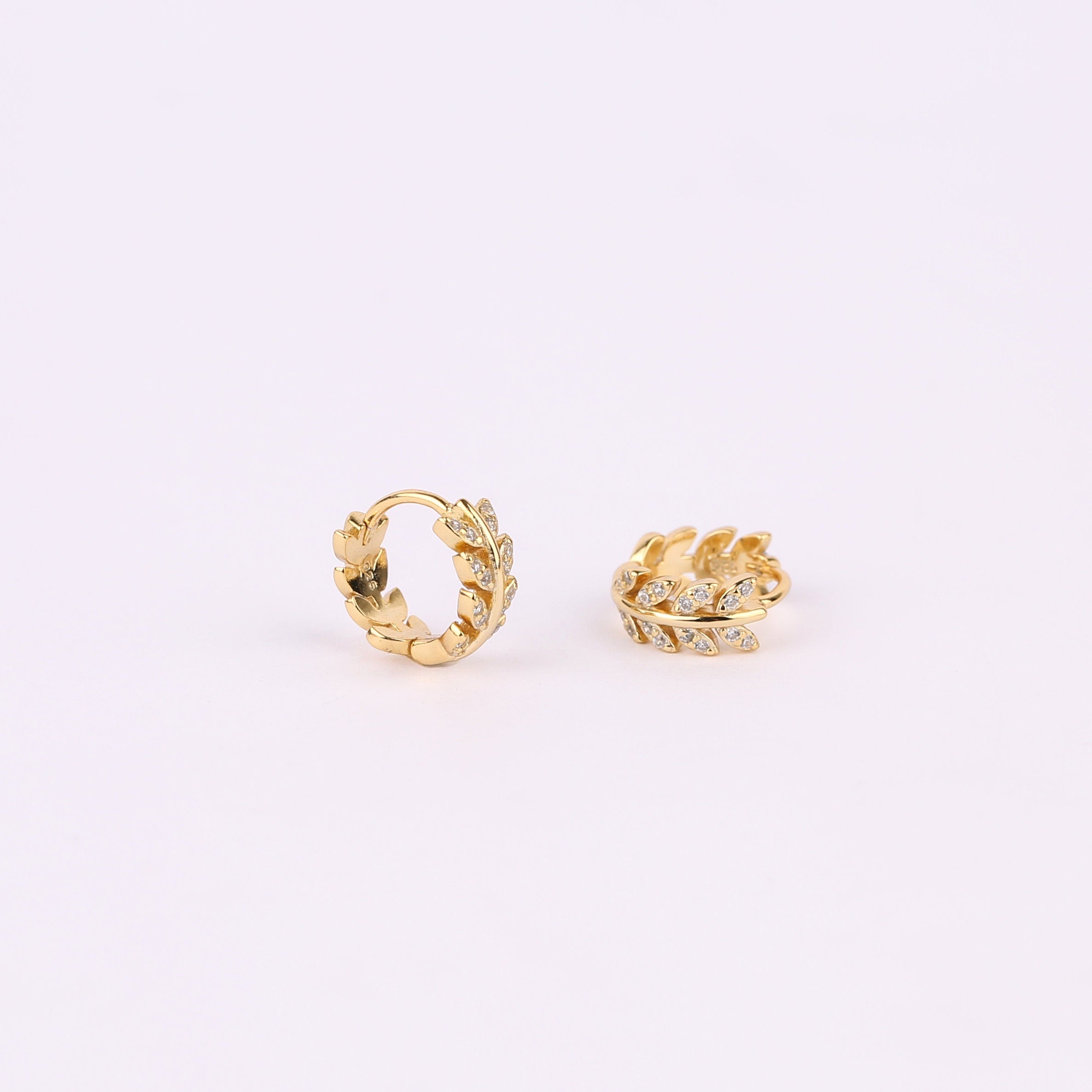 Emerald Green CZ Olive Leaf Huggie Hoop Earrings