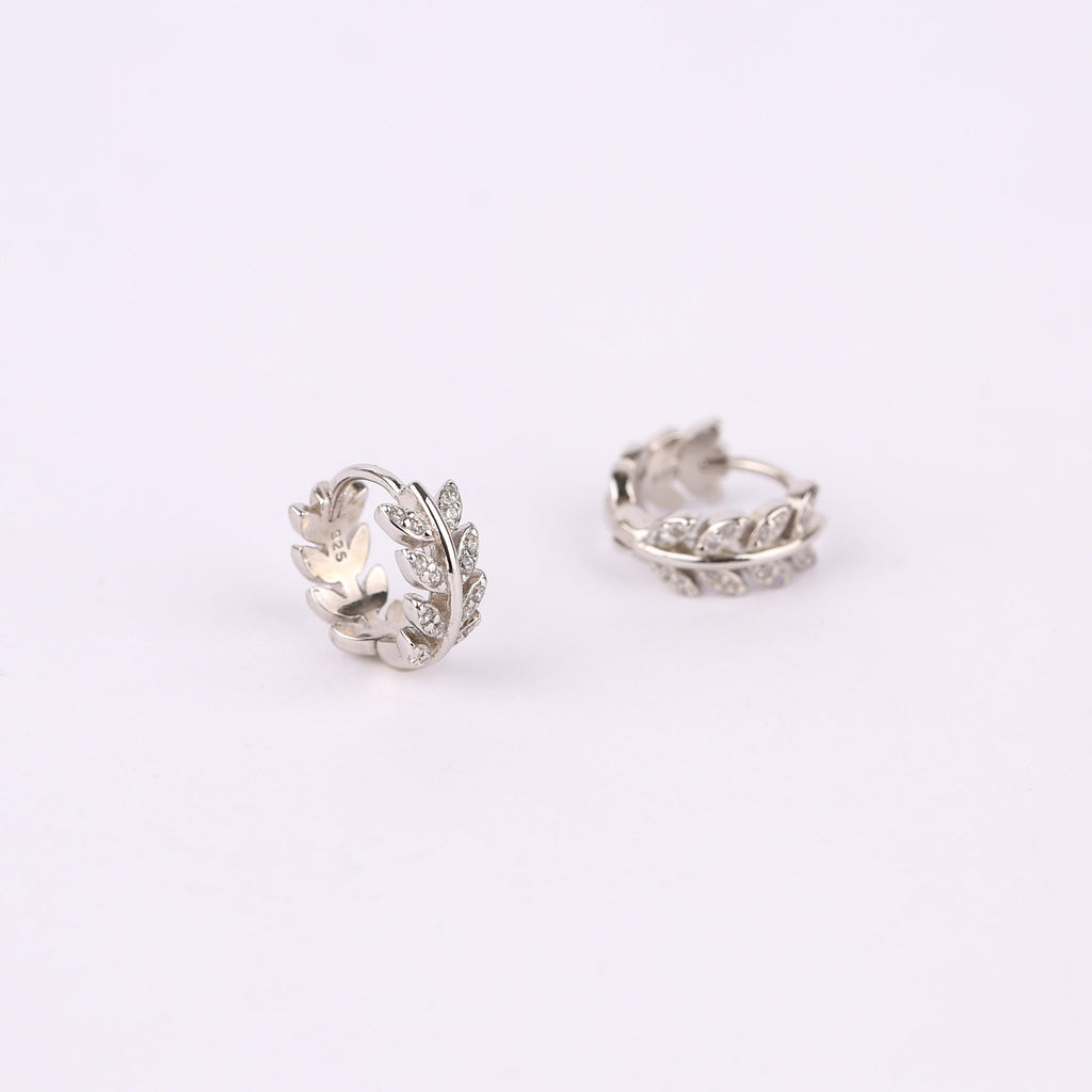 Emerald Green CZ Olive Leaf Huggie Hoop Earrings
