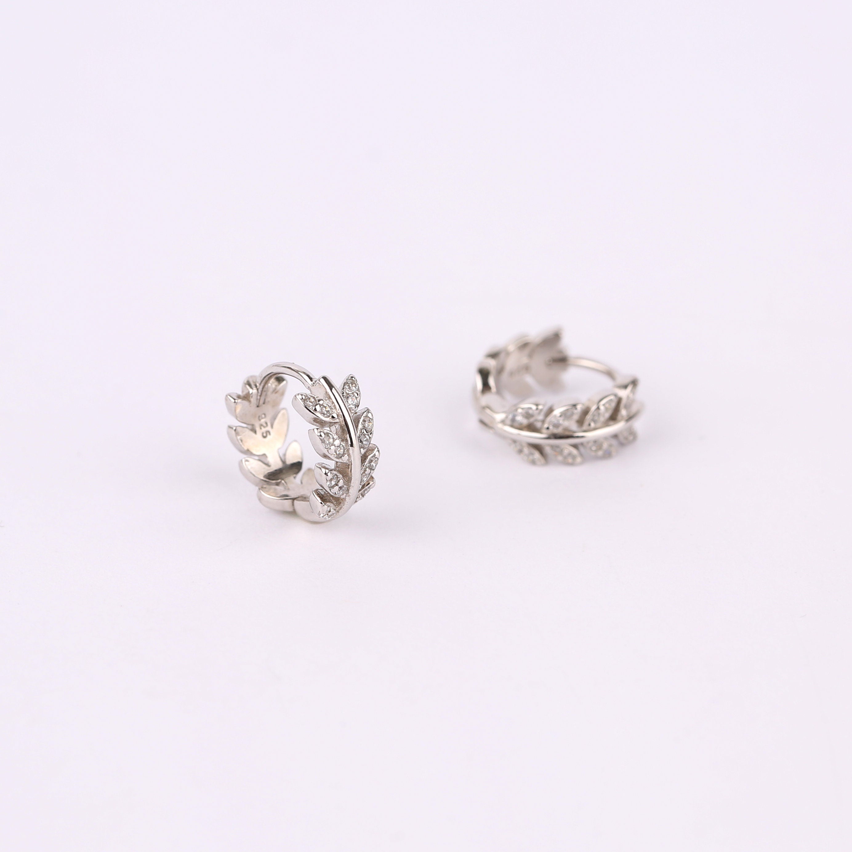 Emerald Green CZ Olive Leaf Huggie Hoop Earrings