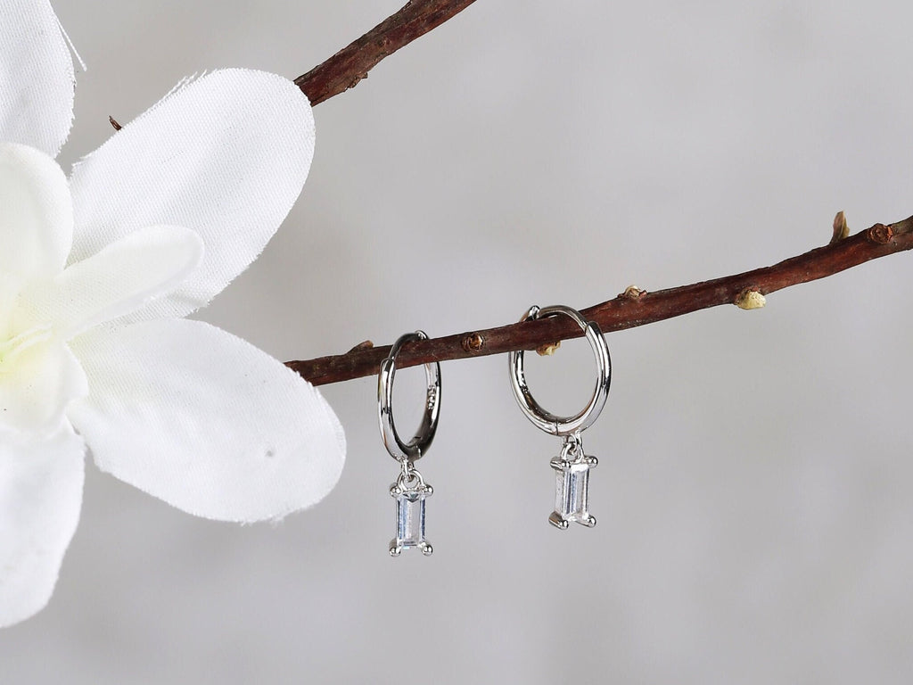 Tiny Baguette Diamond CZ Dangle Hoop Earrings