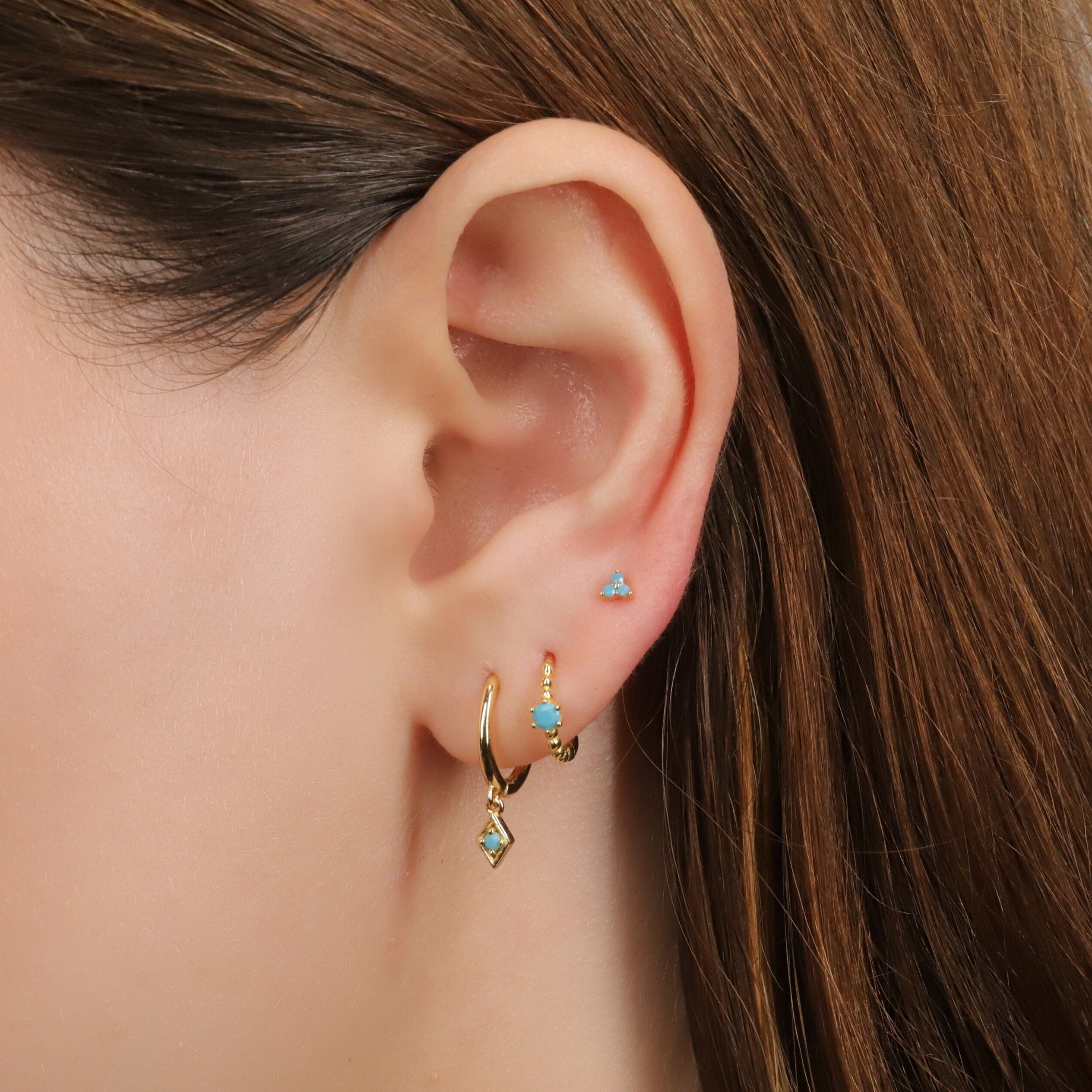 Gold Turquoise Charm Huggie Drop Hoop Earrings Set