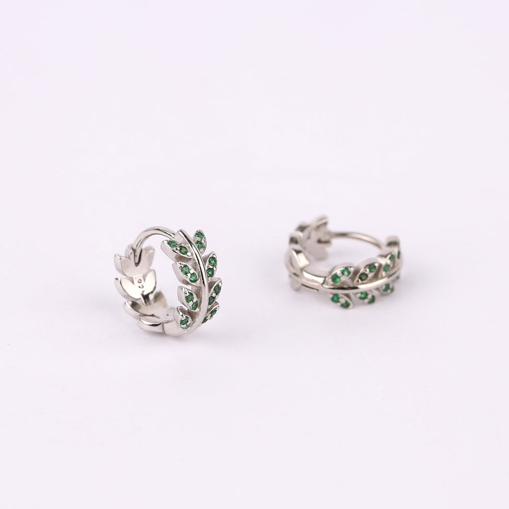 Emerald Green CZ Olive Leaf Huggie Hoop Earrings